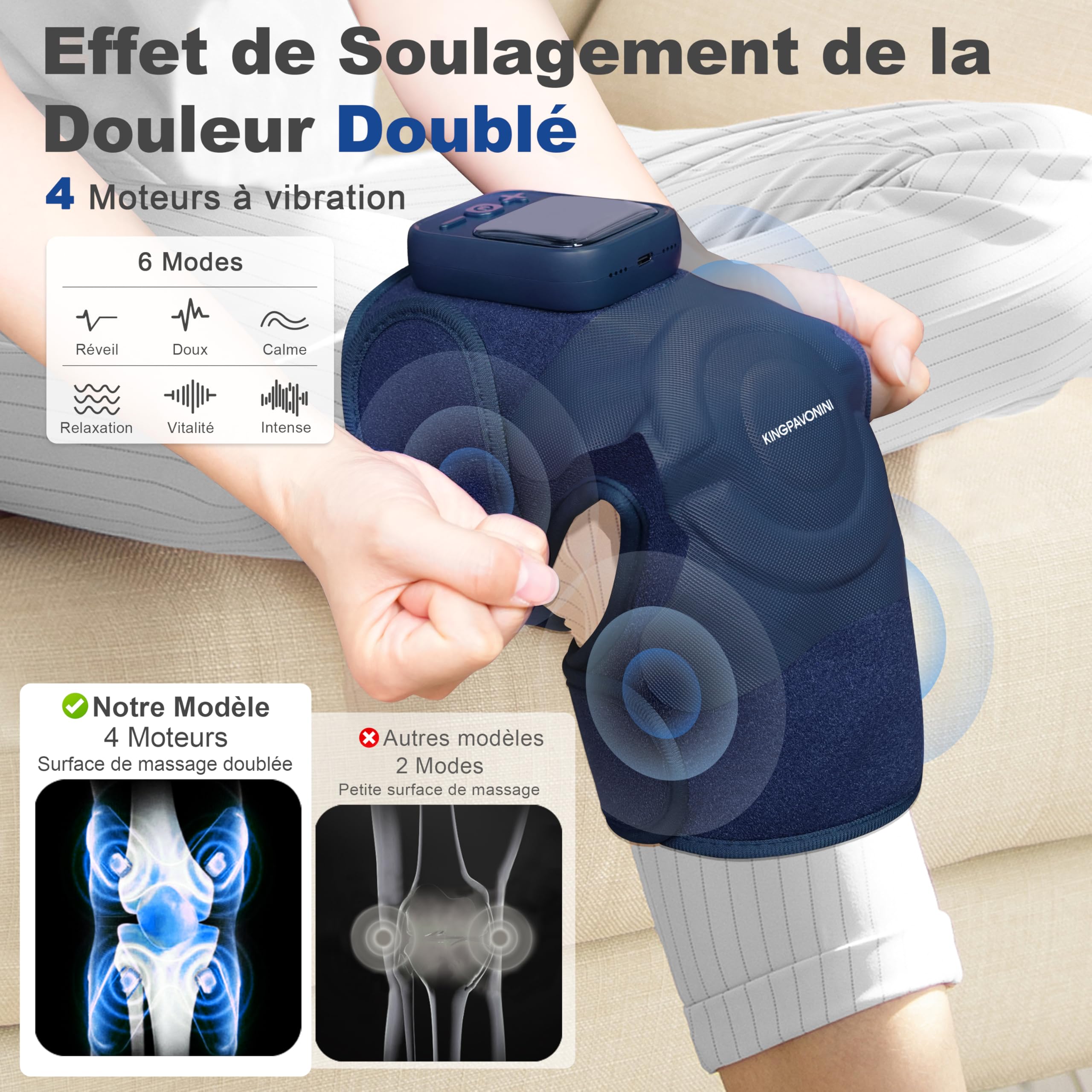 KingPavonini Genouillère Chauffante Sans Fil, Massage pour Genoux avec Chaleur, 4 Moteurs à Vibration, 5 Niveaux de Chaleur, 6 Modes, Genouillere Arthrose Genou, Cadeau pour Maman et Papa (1 Pièce)