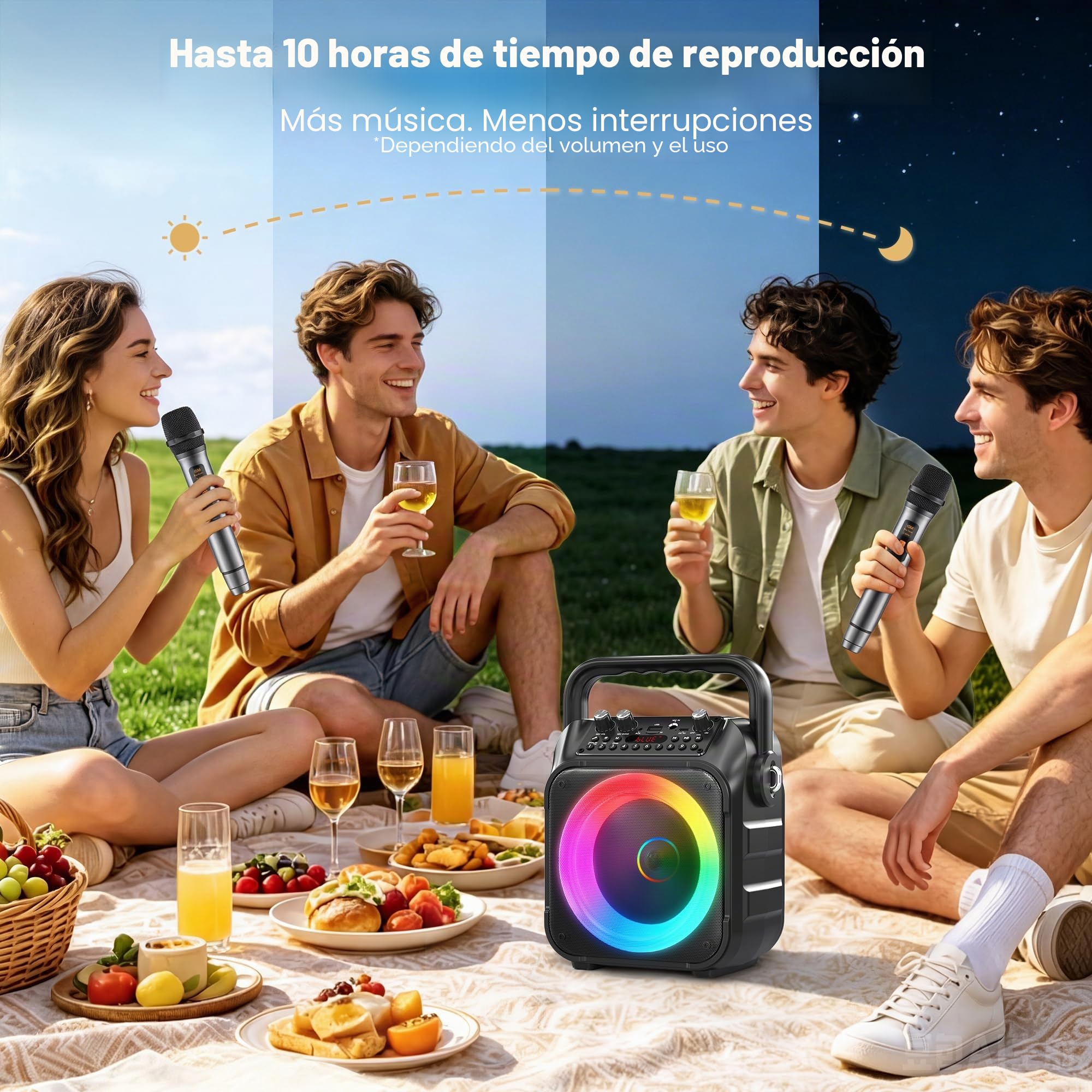 Máquina de Karaoke Singingmate con 2 micrófonos inalámbricos: Altavoz Bluetooth portátil, Multicolor, con conexión USB y AUX, para Adultos y niños, Fiestas y hogar