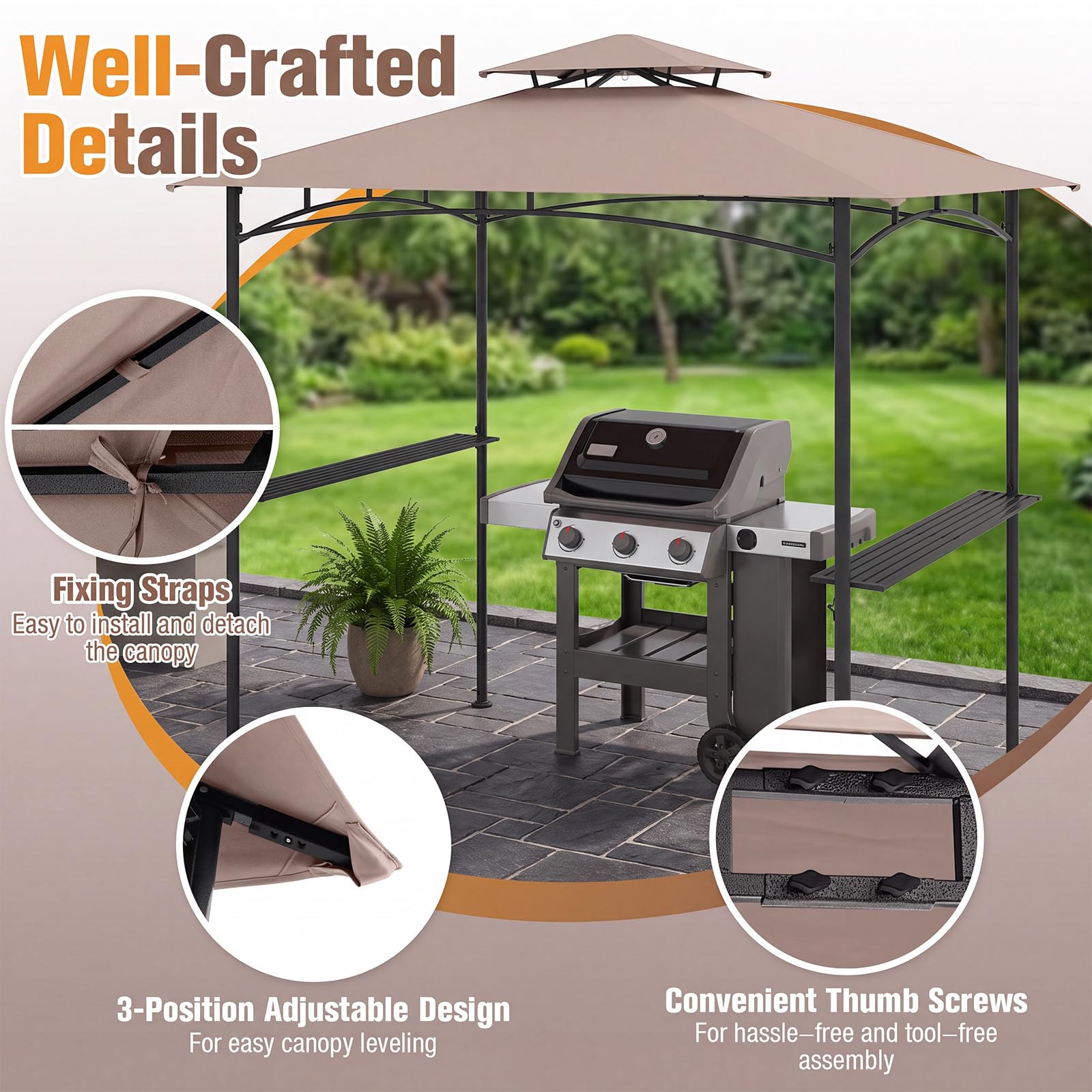 KOMFOTTEU Carpa de Barbacoa con Doble Techo 242 x 150 x 250 cm, Cenador para Jardín con 2 Mesa de Bar y 6 Ganchos, Pérgola de BBQ con Marco de Metal, para Terraza Fiesta Picnic (Marrón)