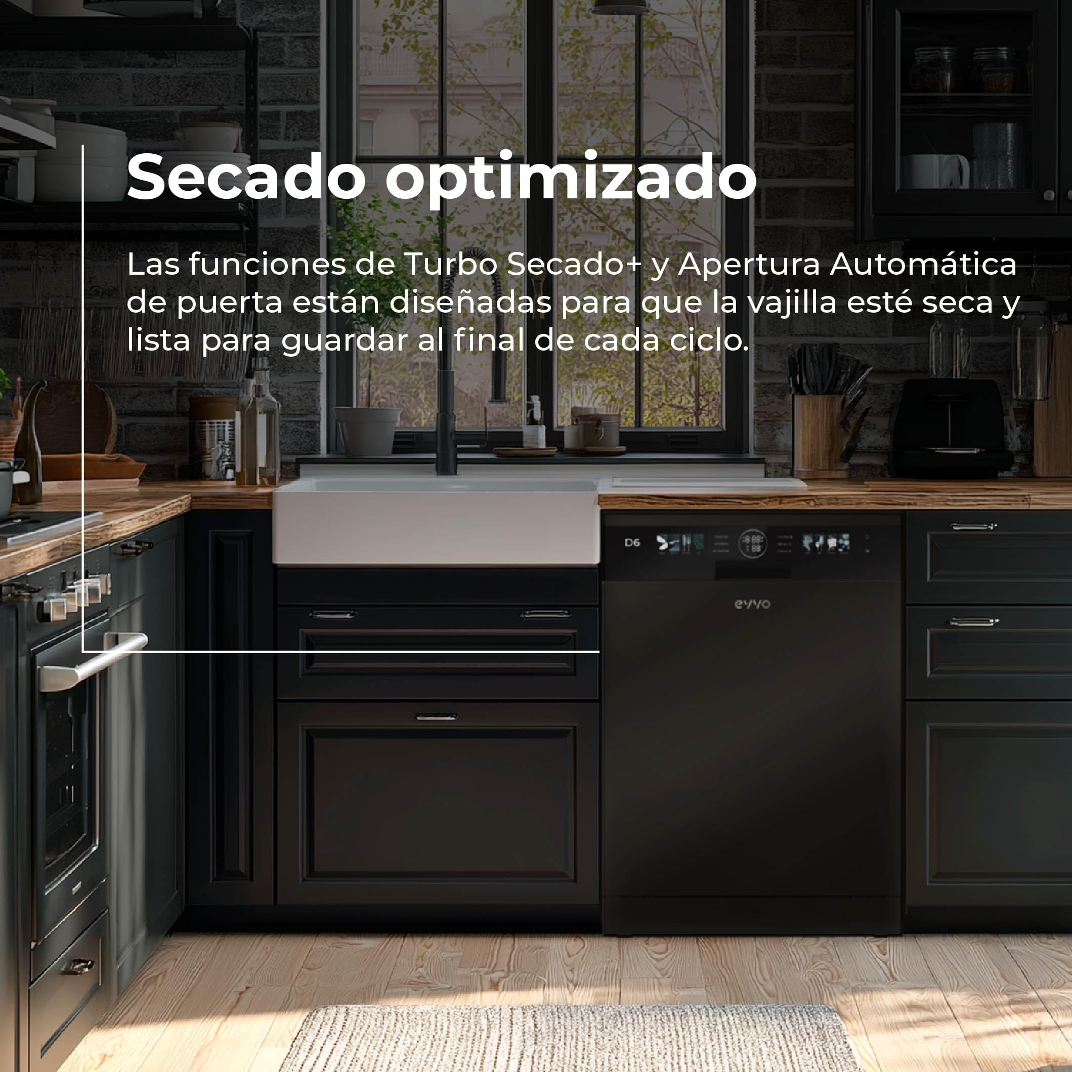 Lavavajillas D6 Libre Instalación 60 cm - Clase B Alta Eficiencia, 15 Cubiertos, 8 Programas, Apertura Automática, Luz UV e Inicio Diferido - Lavavajillas Acero Inoxidable Inox - Secado Turbo (Negro)