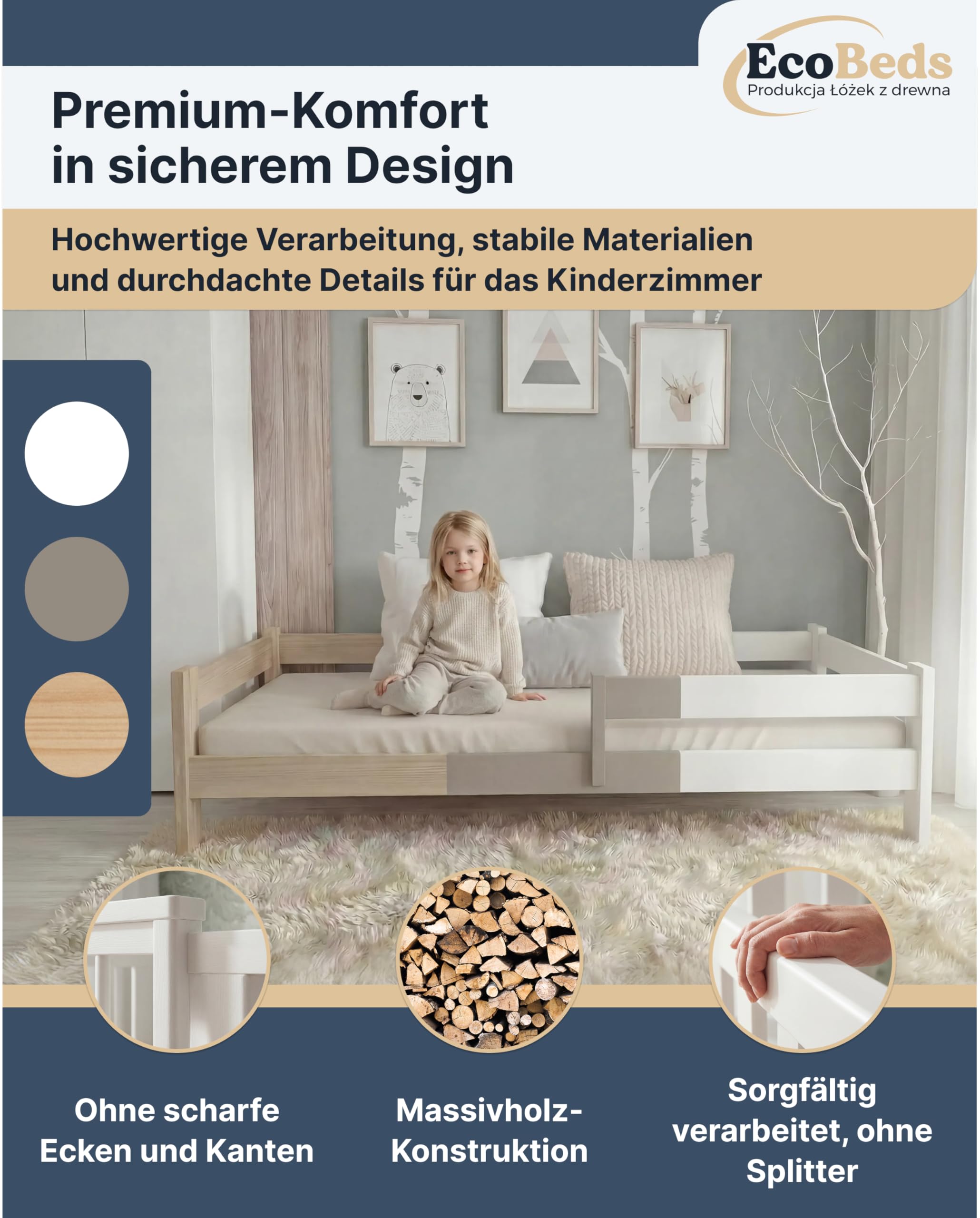 EcoBeds ALA Kinderbett 90x200 cm Kiefer Massivholz bis 150 kg | Weiß - mit Rausfallschutz, Lattenrost und Schublade zur Aufbewahrung, für Kinder und Jugendliche, einfache Montage