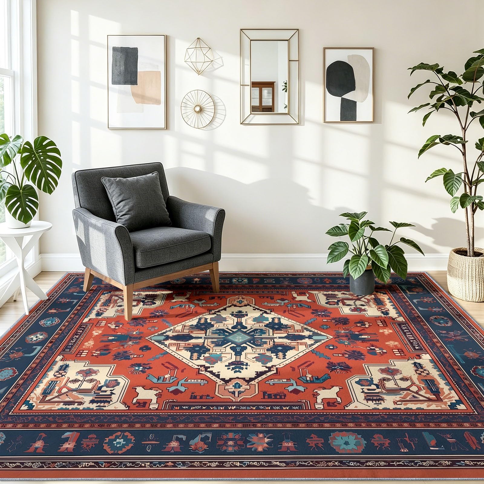 Teppich Wohnzimmer 120 x 160 cm Waschbarer Klassisch Amerikanisch kurzflor rutschfest Weich Vintage-Muster Klassisch Rot-Blau Teppiche für Schlafzimmer Küchen Esszimmer Bedroom Living Room, Rot