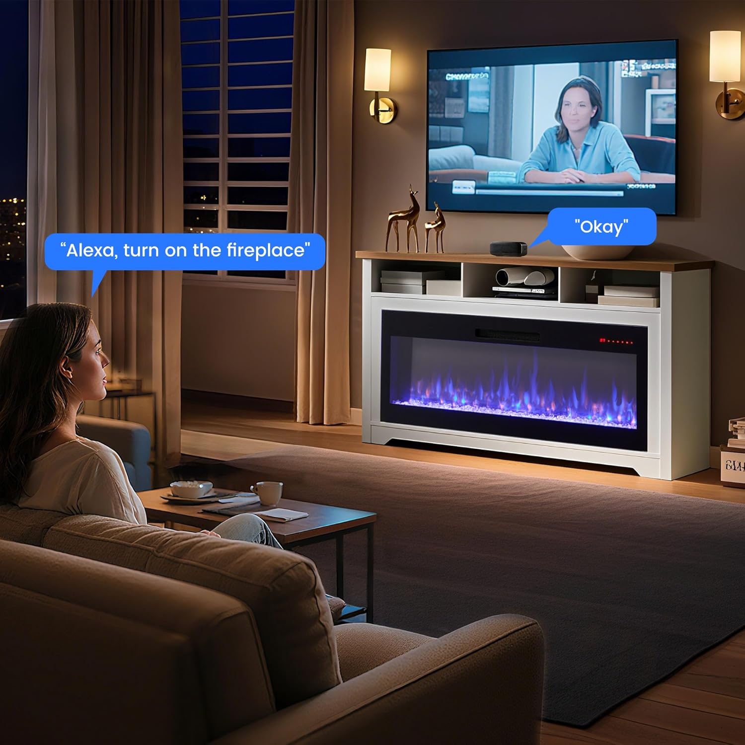 Fireplace TV Stand for 70" TVs, Entertainment Center w/50 Inch Fireplace, APP/Voice Control, Simulated Marble Surrounded, Open Shelves Storage, TV Consoles for Living Room, White