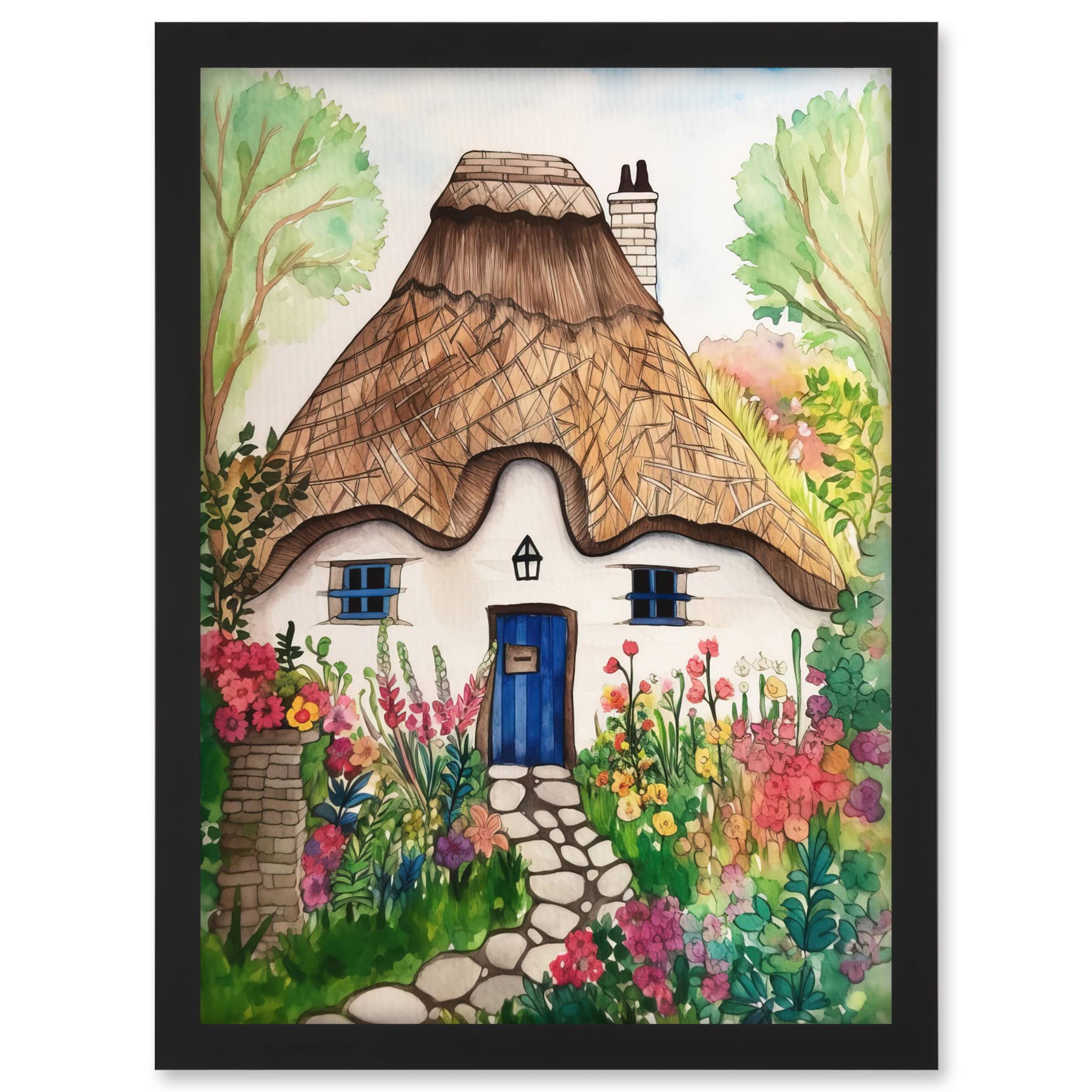 Artery8 The Cottage In The Forrest Flowers Folk Art Artwork Framed A3 Wall Art Print