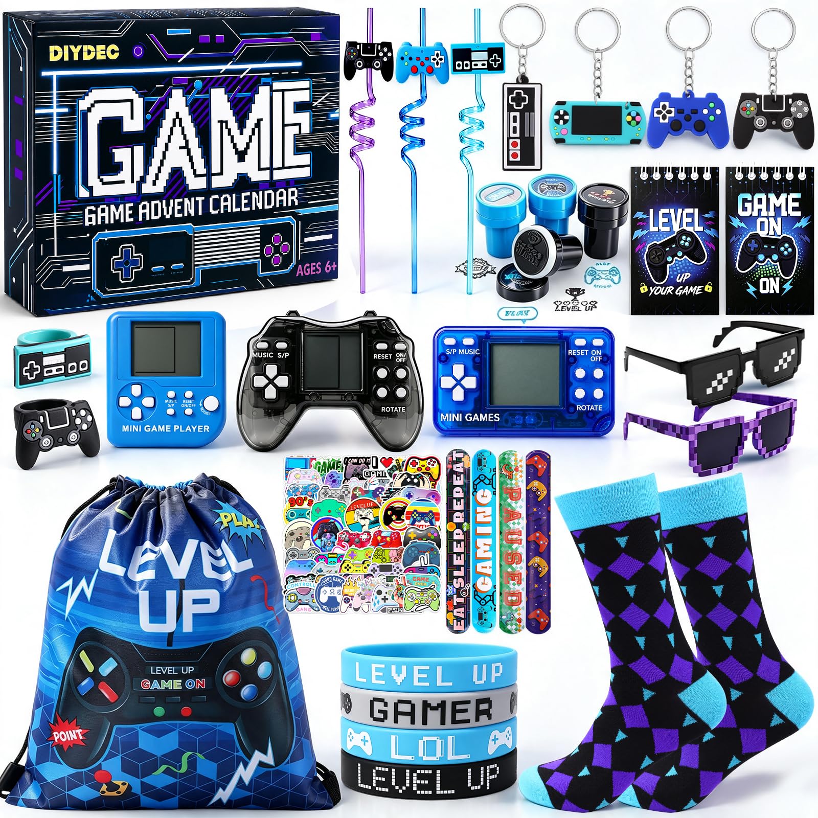 DIYDEC Advent Calendar 2026 Christmas Countdown Video Game Party Favor Toys | 24 Days Xmas Video Game Countdown Calendar for Kids Seals Straws Bracelet Goodie Bags Fillers (A)