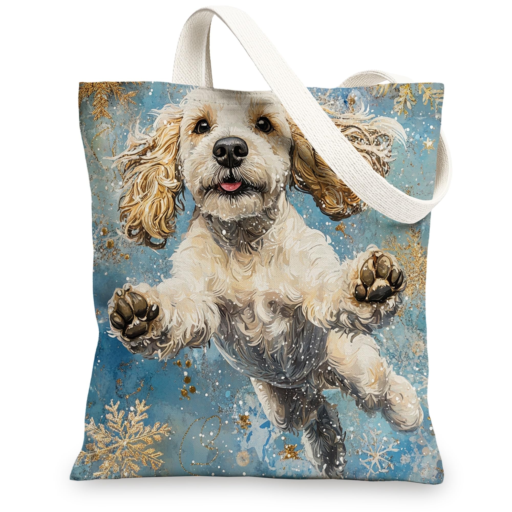 Christmas Cocker Spaniel Dog Canvas Tote Bag for Shopping 13 * 15, Luxury Snowflakes Reusable Grocery Bag for Women, Pet Travel Pattern Gift Decoration