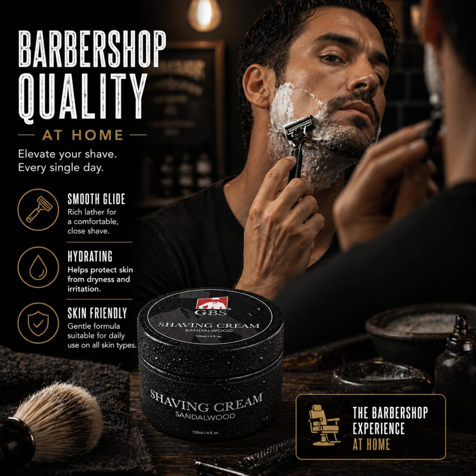 G.B.S Crema da barba al sandalo per pelli sensibili. Idrata e nutre per una rasatura rasata. Protegge la pelle da tagli, urti, arrossamenti e irritazioni. Confezione da 1 pezzo