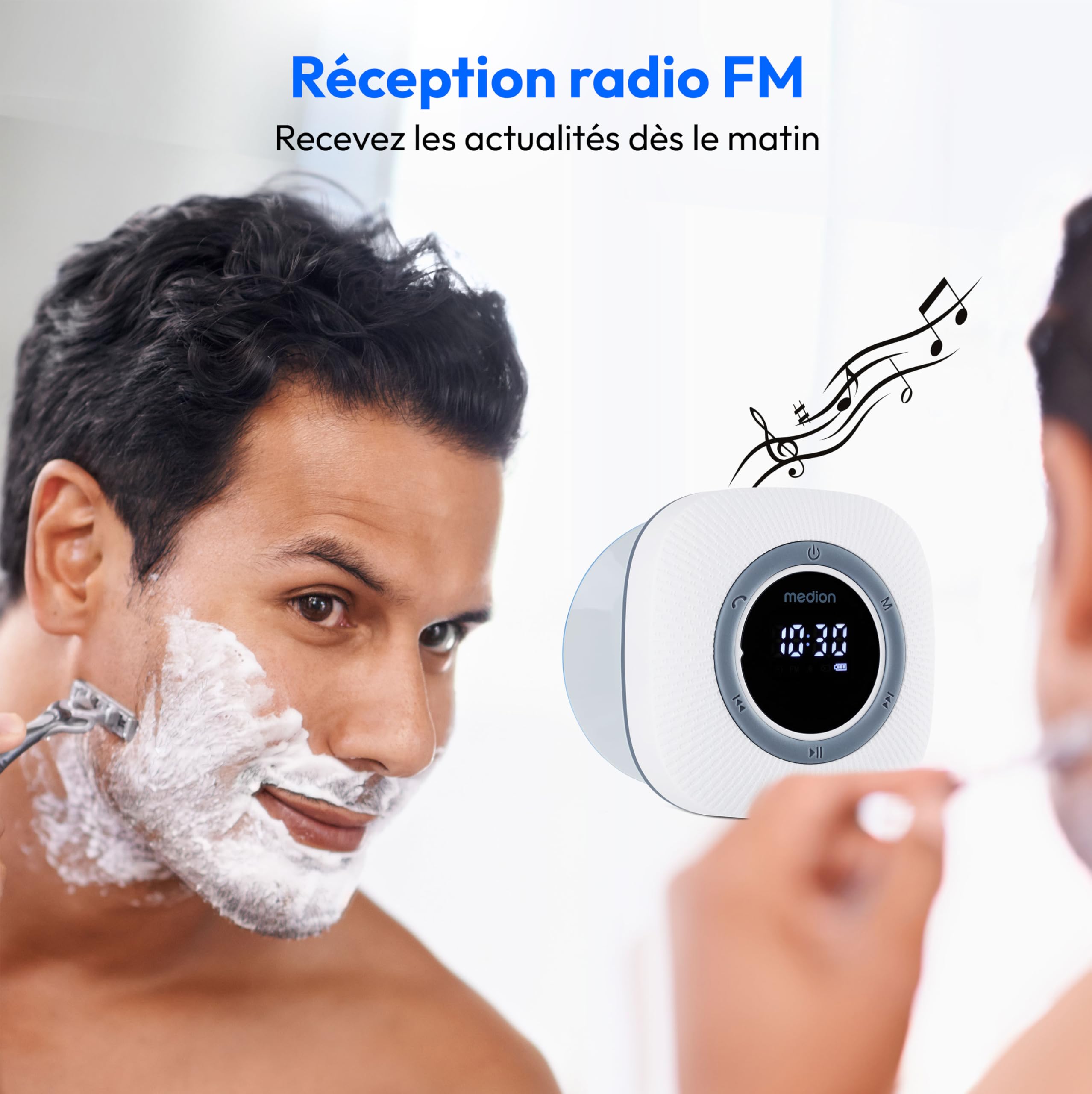 MEDION S66884 Radio de Douche avec Bluetooth (Radio de Salle de Bain, Radio FM, Ventouse, écran LED, IPX6 étanche, Batterie intégrée, MD43884) Blanc