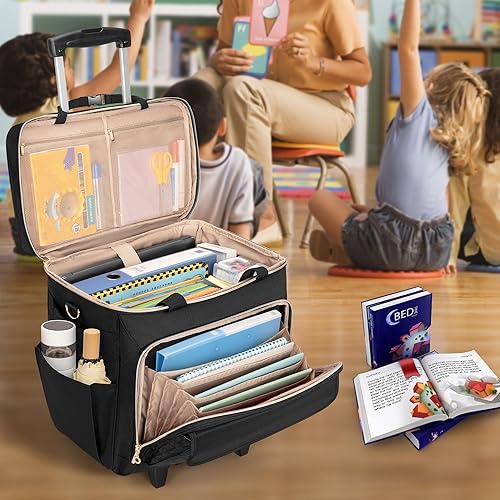 Miniatura 7 de LUXJA Bolsa con ruedas para profesores con compartimento para portátil y carrito desmontable, maletín multifuncional con ruedas con área de archivo
