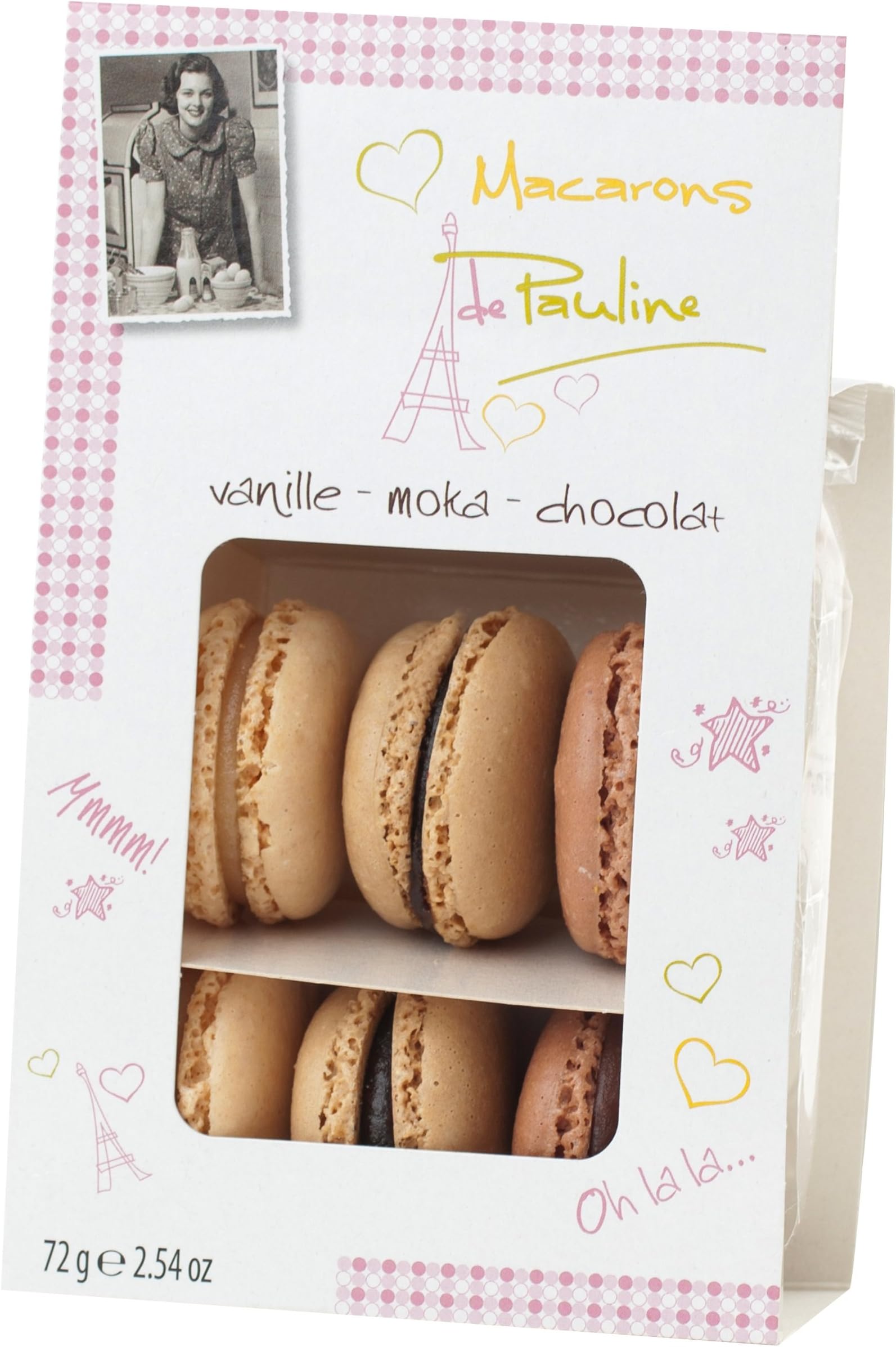 6 x Assorted Flavours Macarons de Pauline 72g (Vanilla, Mocha & Chocolate)