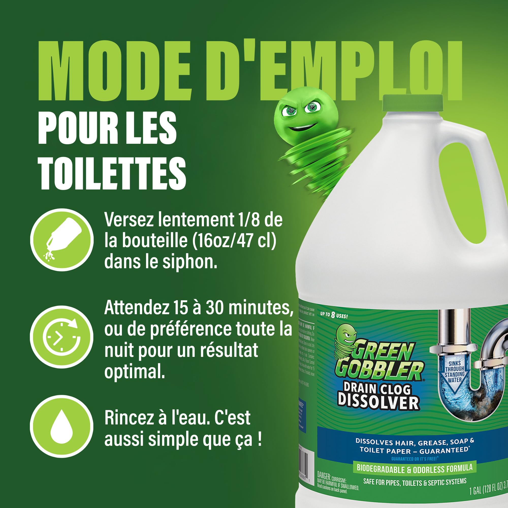 Green Gobbler Déboucheur de Canalisations, 3,8 L | Dissout les Cheveux et les Matières Organiques des Toilettes, Eviers et Drainages Bouchés