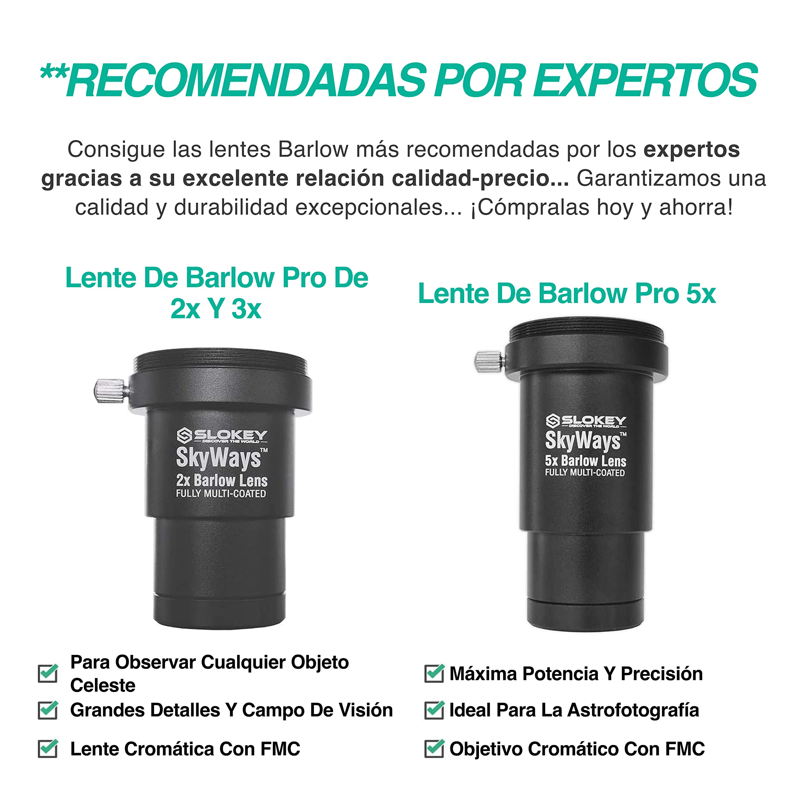 Lente Acromática Barlow 2X Pro Slokey SkyWays de Calidad Óptica Superior tratada con FMC y Anti-reflejante para una Imagen Nítida y Luminosa - Súper Ligera, Compacta y Resistente (1,25”)