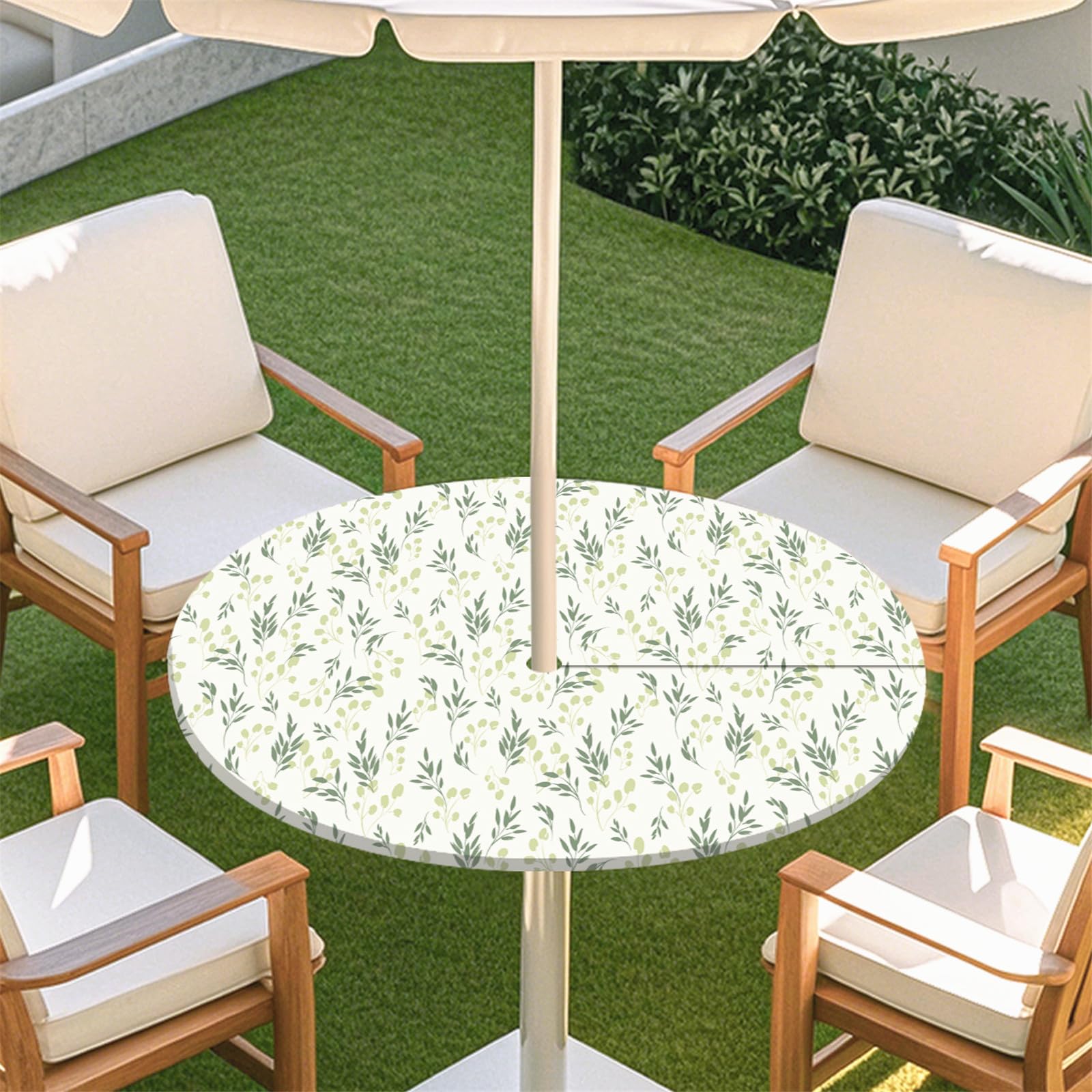 Odot Elastic Edge Round Fitted Tablecloth Protector Waterproof Outdoor Round Tablecloth with Parasol Hole and Zipper, Wipe Clean Table Cover for Garden Party, Butterfly Pattern (Green,M:91-112cm)