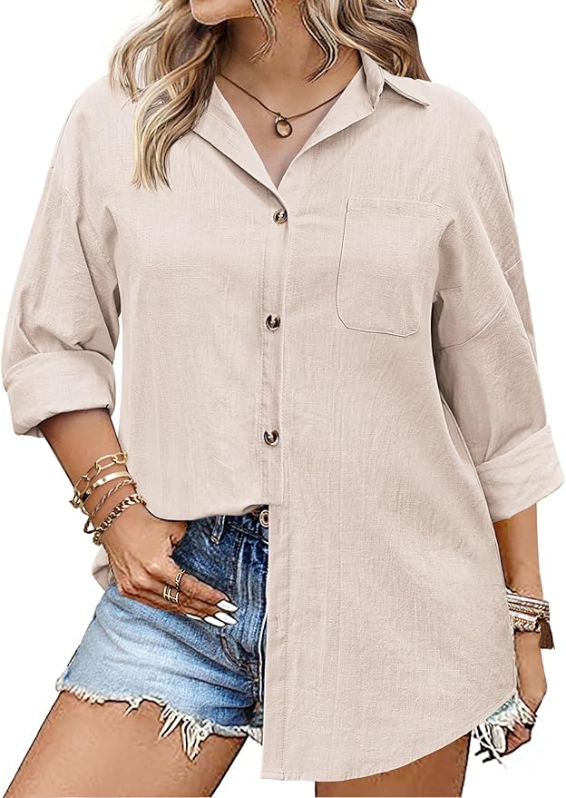 IN'VOLAND Womens Plus Size Linen Button Down Shirts Long Sleeve Cotton Casual Collared Shirt Loose Blouses Tops with Pocket