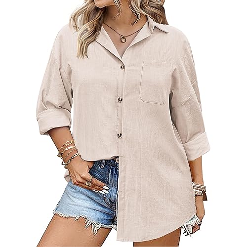 IN'VOLAND Womens Plus Size Linen Button Down Shirts Long Sleeve Cotton Casual Collared Shirt Loose Blouses Tops with Pocket