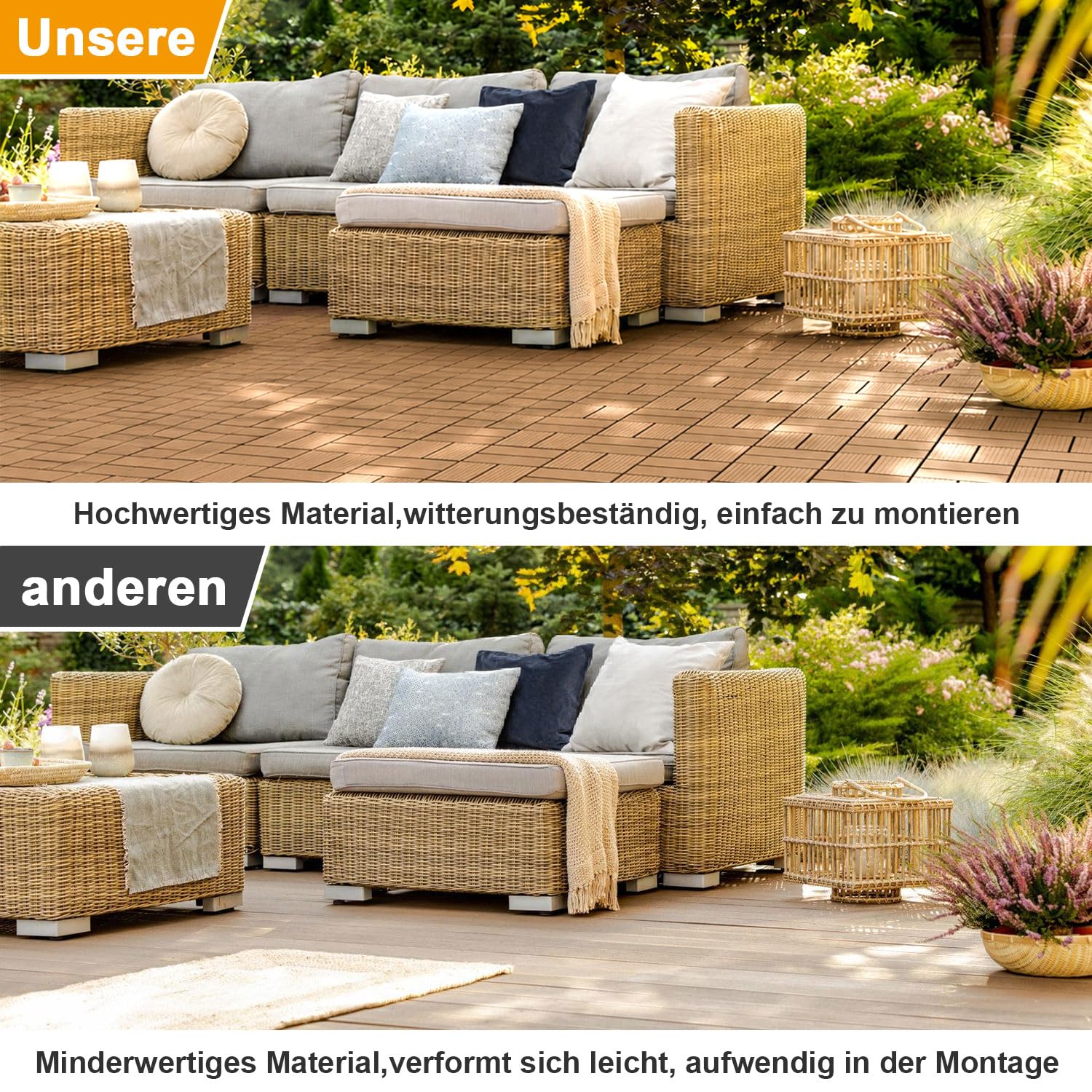 Piastrelle in WPC per terrazza, teak, 30 x 30 cm, 66 pezzi per 6 m² | Piastrelle a scatto effetto legno, facili da pulire per balconi, terrazze e giardini