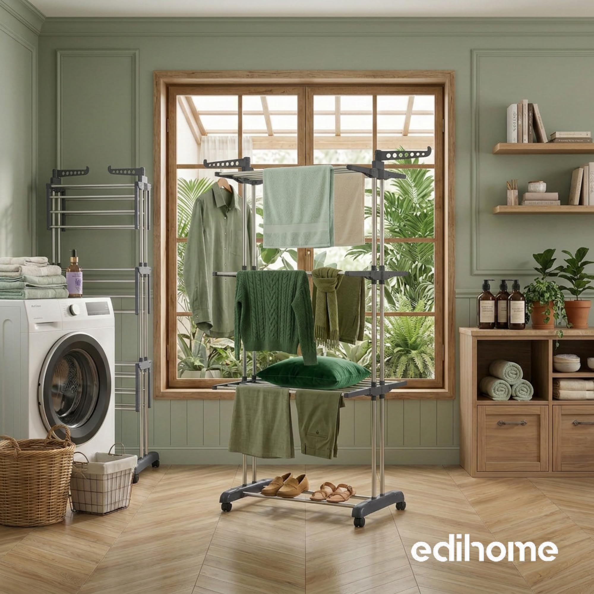 edihome, Tendedero Vertical, Plegable, 4 Niveles con Alas Laterales, Acero Inoxidable, 35 kg Capacidad, con Ruedas, Ahorra Espacio, Interior y Exterior (Gris)