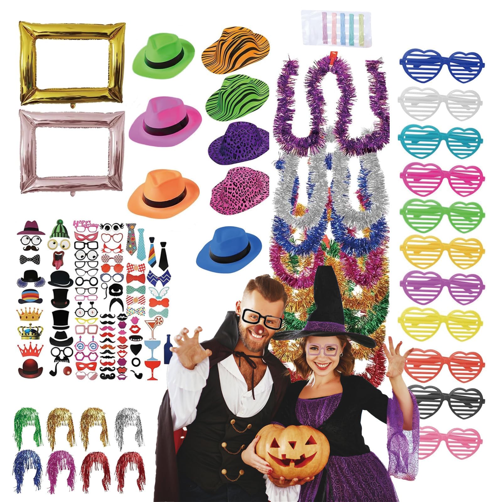 147pcs Accessoires De Cabine Photo,Kit de 147 Accessoires de Fête néon,chapeaux néon, perruques métallisées,lunettes d'obturation, boa colorés, accessoires de photomaton pour mariage, Halloween, Noël