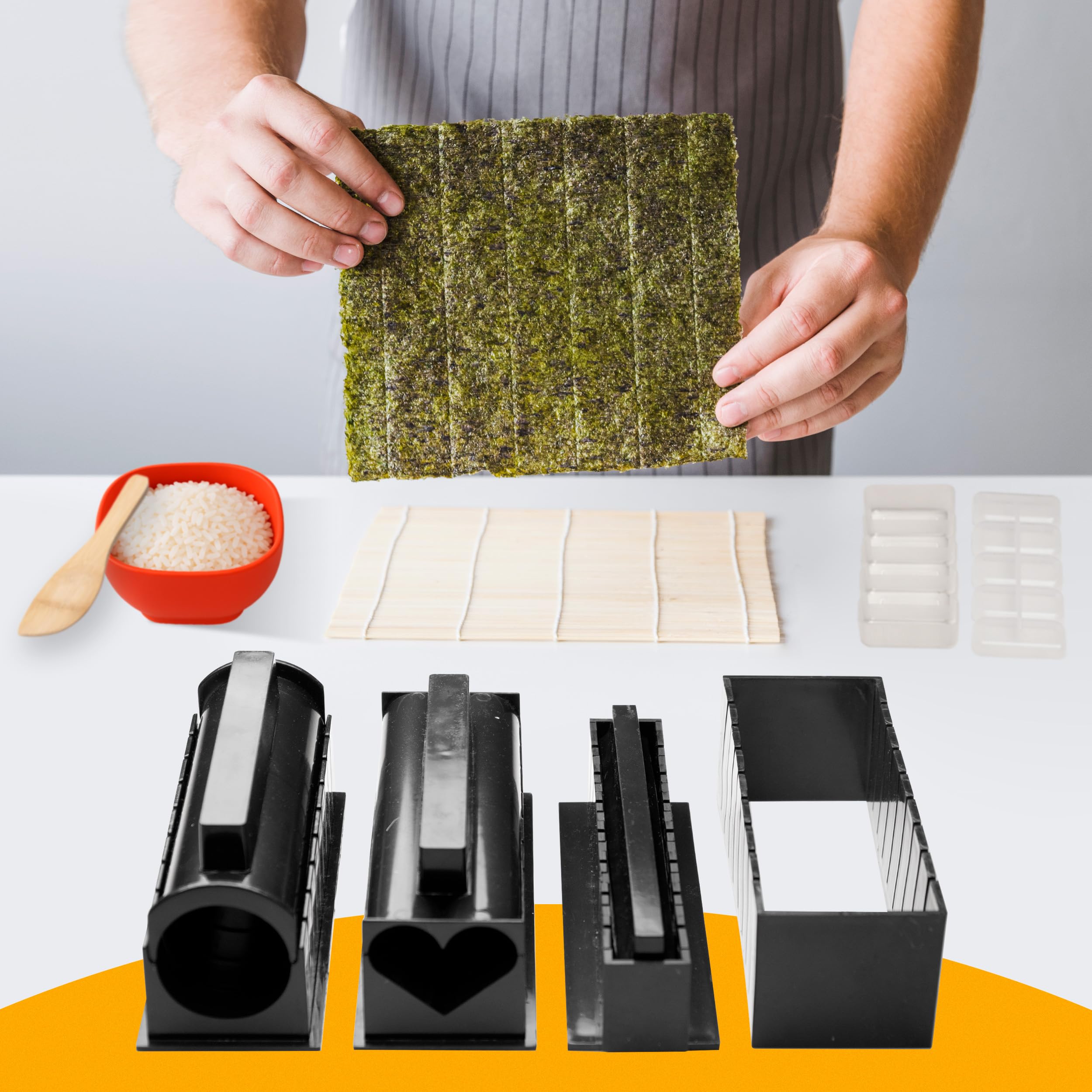 Kit Sushi 15 Pezzi - Sushi Kit Fai da Te con Stampi Nigiri, Tappetino Bambù, Coltello, Bacchette e Vassoio - Set Sushi Maker Casa con Guida e Video - Offerta Speciale per Rinnovo Stock Limitato