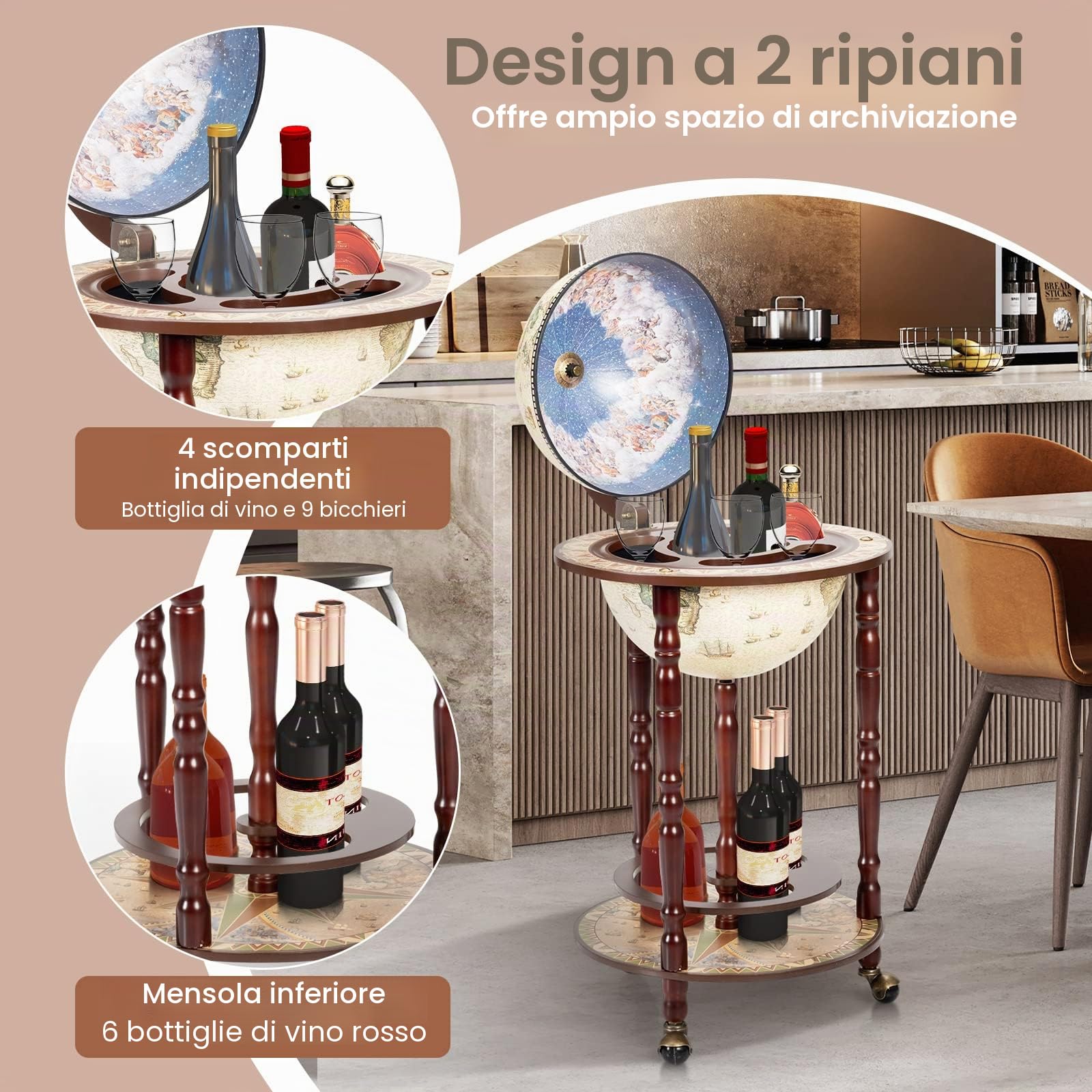 GIANTEX Portavino a Mappamondo con Ruote in Stile Retrò