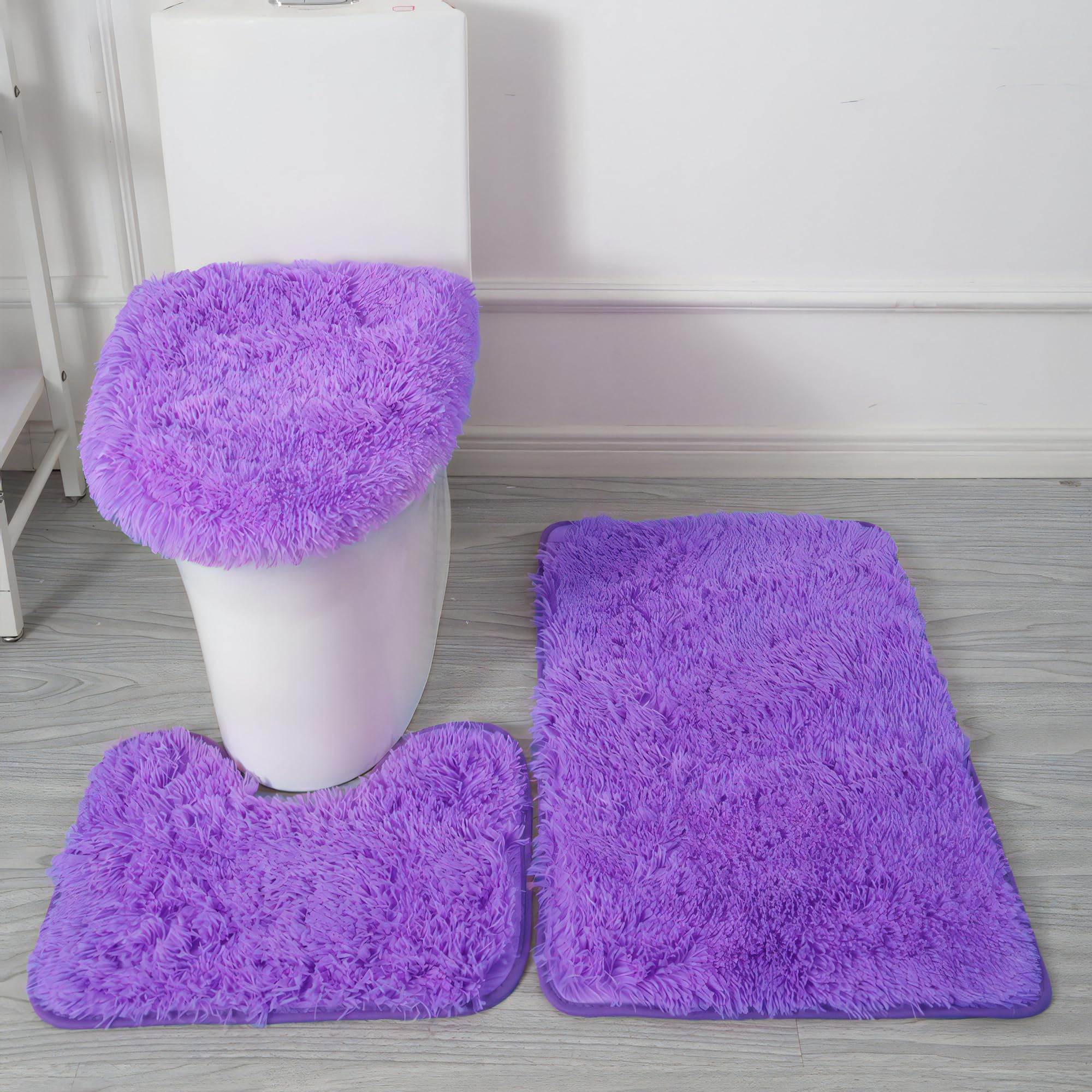 Juego de 3 alfombras de baño peludas moradas para baño, antideslizantes, absorbentes de agua, alfombras de baño suaves y lavables con contorno en forma de U, cubierta para tapa de inodoro