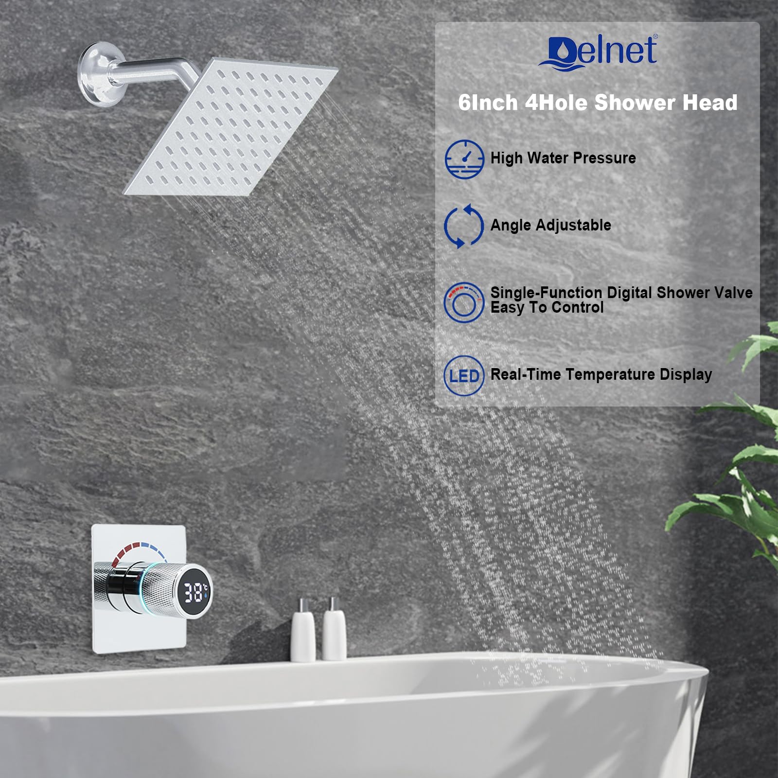 Delnet Shower Faucet Set, Bathroom Rainfall 6 Inch 4 Holes Shower Head, Single Way Digital Display Shower Trim Kit, Chrome - Image 2