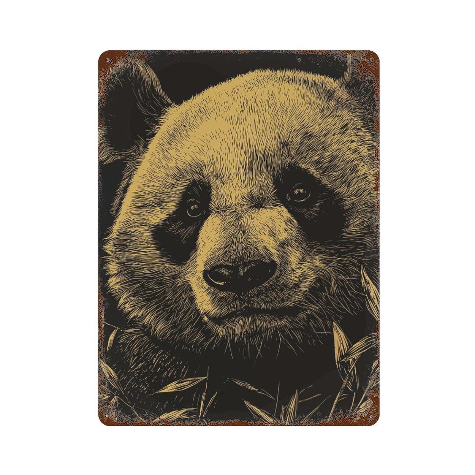 Panda Portrait in Gold And Black Rust Effect Tin Sign 15.7"x11.8", Ideal for Cafe, Home Bar And Lounge Decor