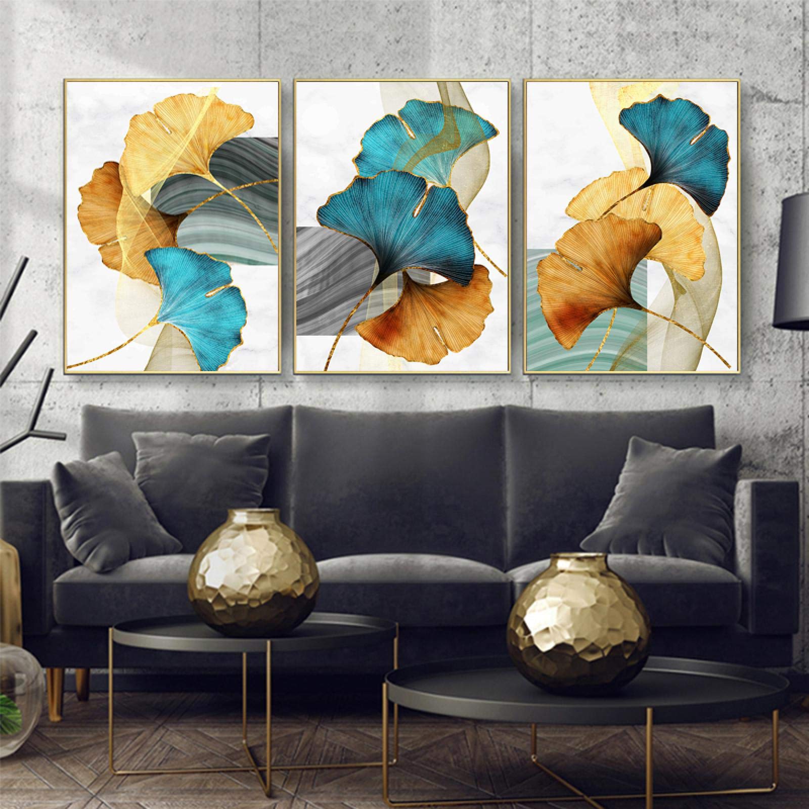 Affiches et gravures ginkgo or et vert deco murale triptyque - 8