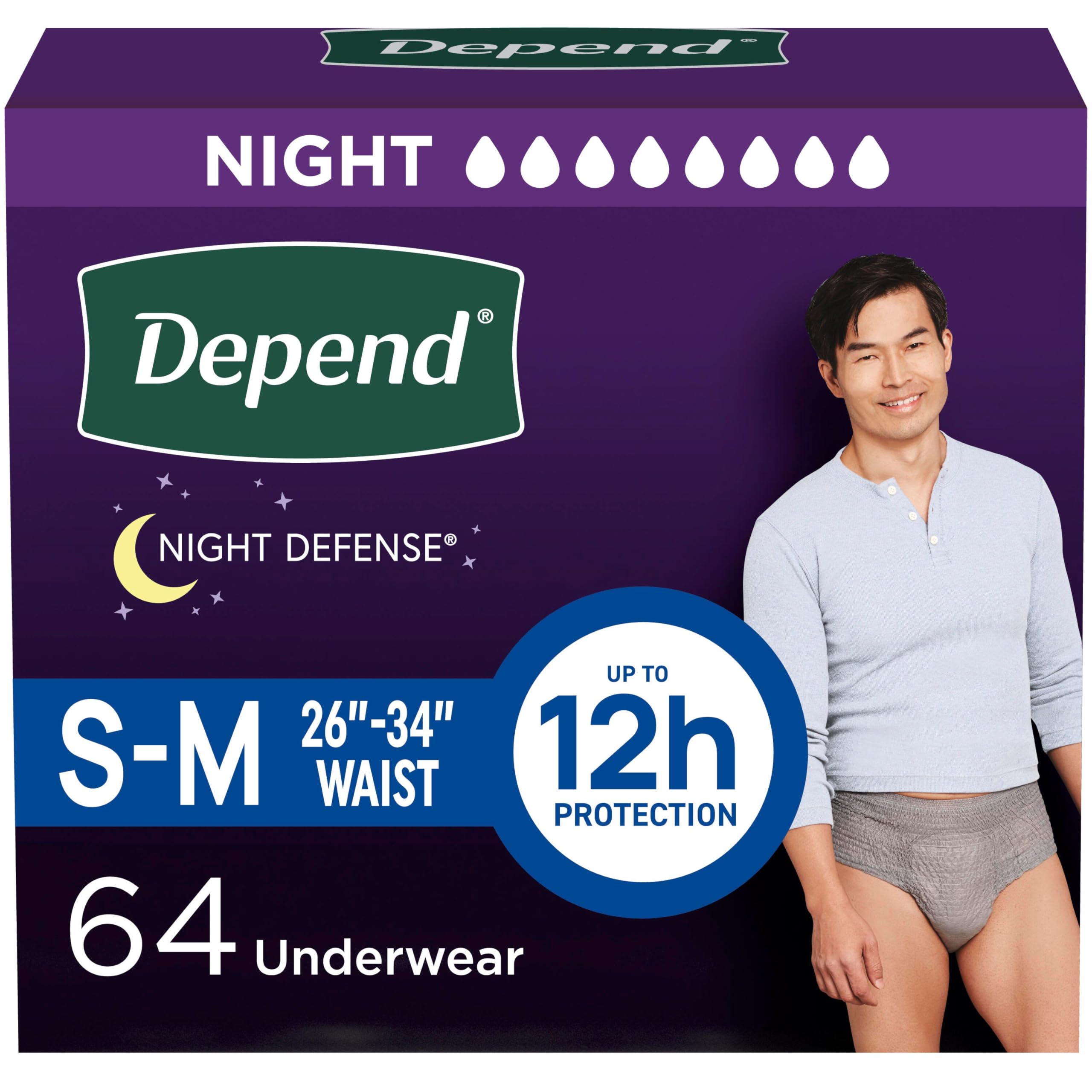 Night Defense Adult Diapers, Incontinence Underwear for Men, Disposable, Overnight, Small/Medium, Grey, 64 Count (4 Packs of 16), Packaging May Vary