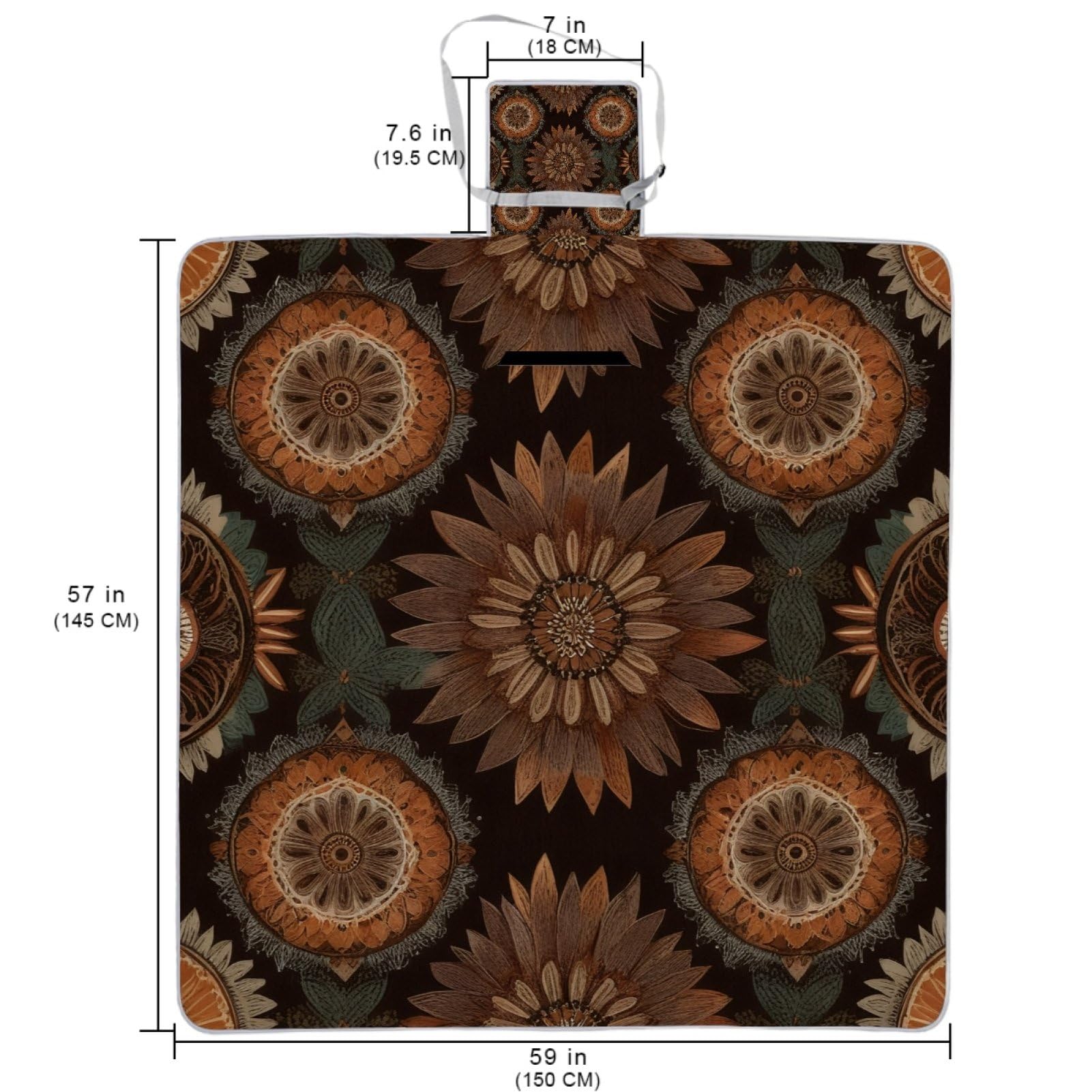 Couverture de pique-nique mandala imperméable 150 x 145 cm, tapis de pique-nique lavable et léger avec poignée pour randonnée, voyage, camping, parcs