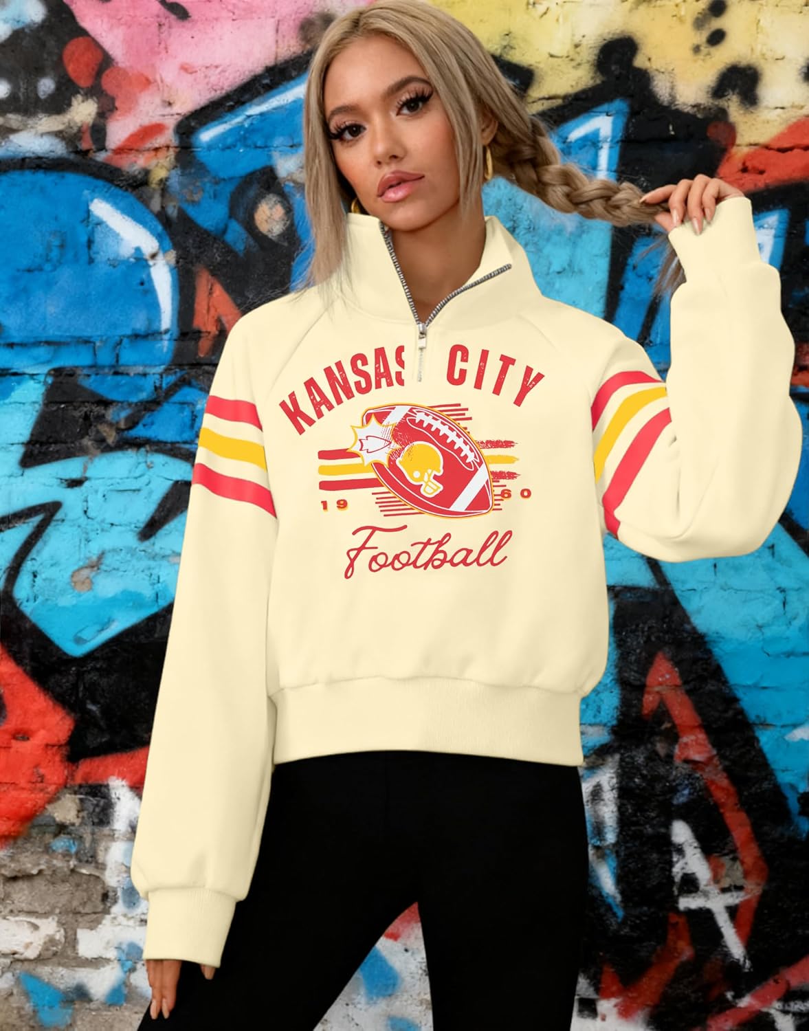 JINTING Game Day Sweatshirt Women Football Sweatshirt Football Team Fans Cropped Quarter Zip Long Sleeve Pullover Shirt - Image 4