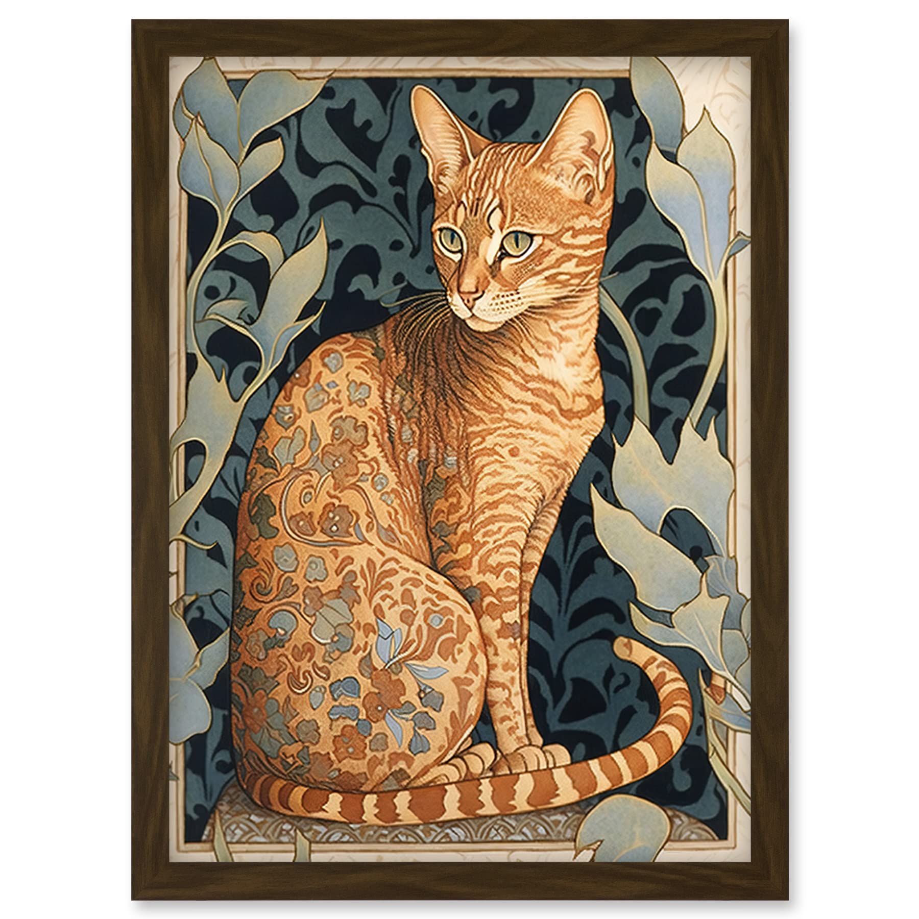 Artery8 Ocicat Cat with Flower Pattern Fur Coat Art Nouveau Watercolour Illustration Artwork Framed Wall Art Print A4