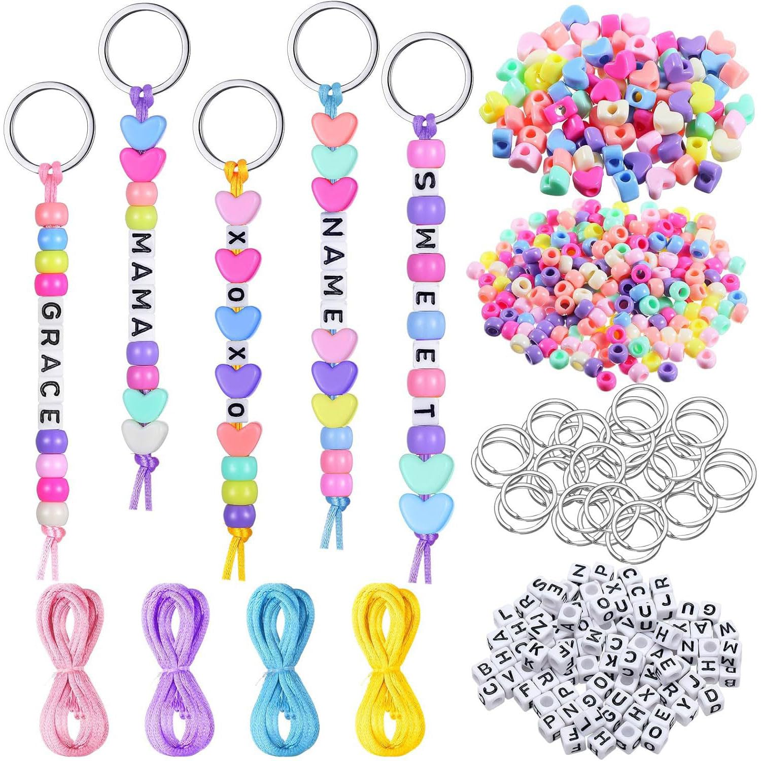 Gansdnek 566 Pcs Keyring Making Kit, Beaded Keychain Making Kit, DIY Key Chain Craft Set, Keyring Making Set with Letter Beads, Heart Beads and Metal Rings for Children Adults