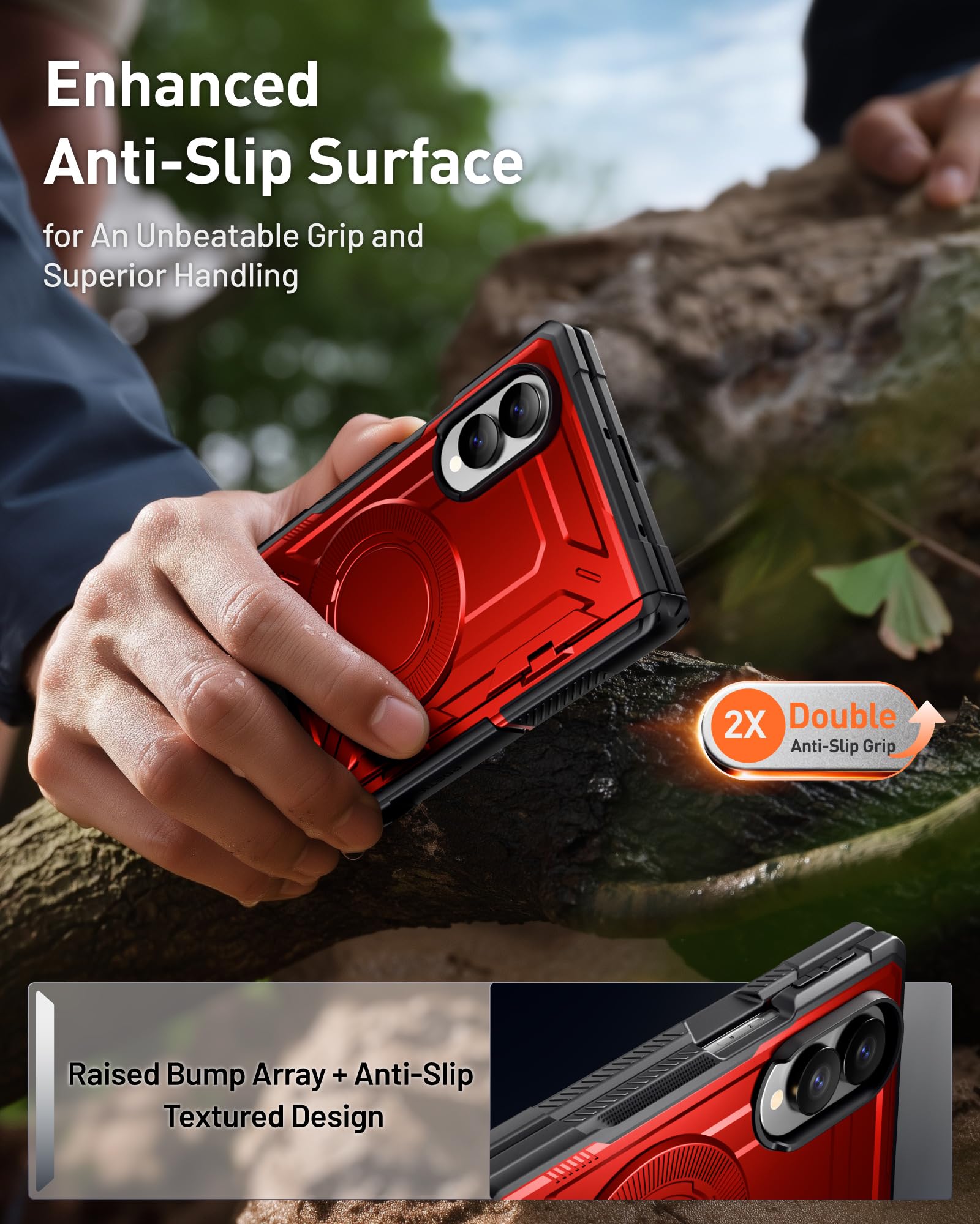 Poetic Custodia protettiva per Samsung Galaxy Z Fold 8, con cerniera, compatibile con MagSafe, pellicola protettiva in vetro temperato, robusta, antiurto, con cavalletto, colore: rosso metallizzato