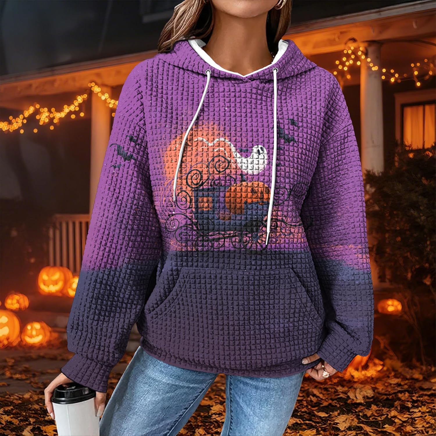 Halloween Sweatshirt Vintage Waffle Sweatshirt Lightweight Hoodies Spooky Graphic Street Style Holiday Tops - Image 2