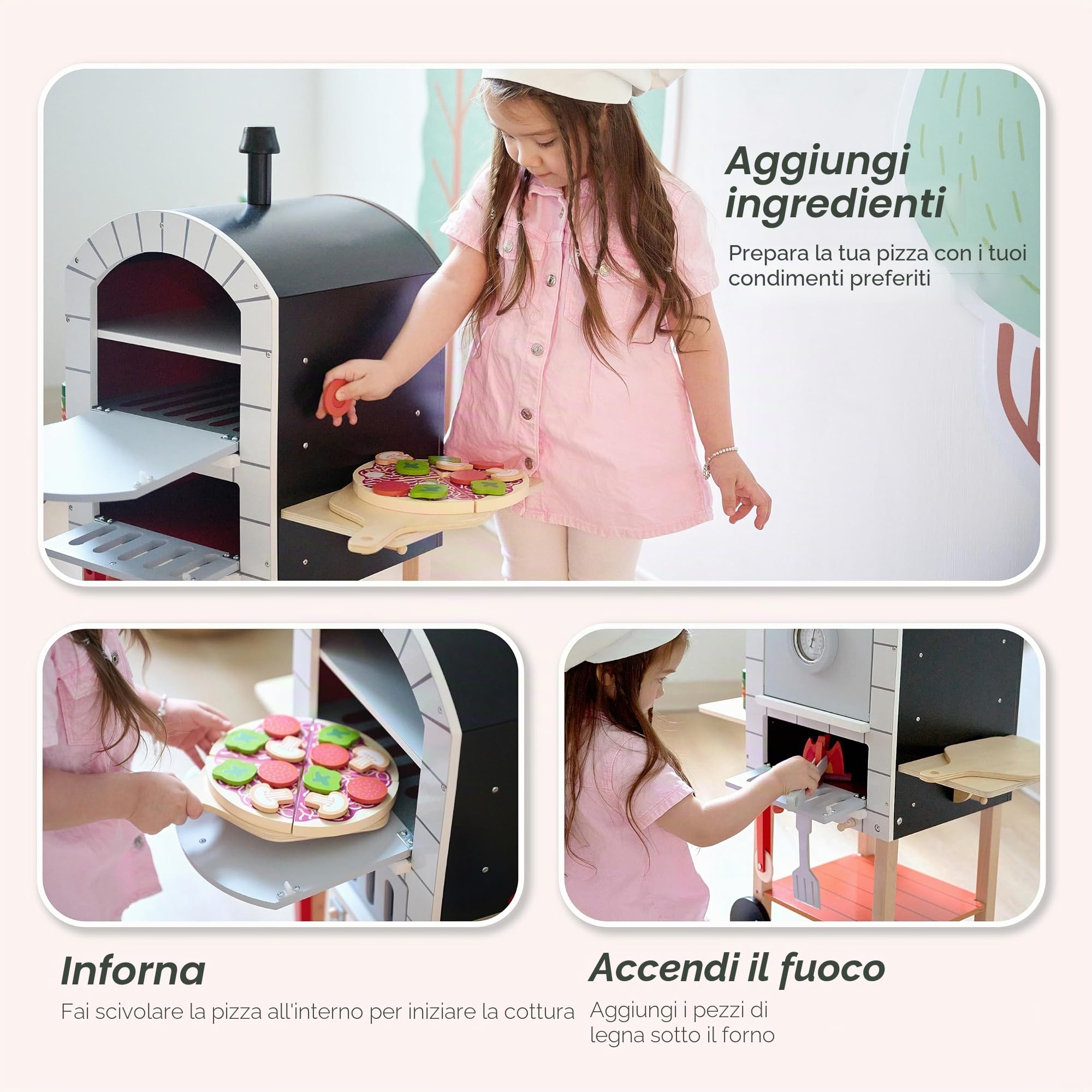Teamson Kids Forno Pizza con 24 Accessori per Bambini, Grigio/Naturale | 24 Accessori