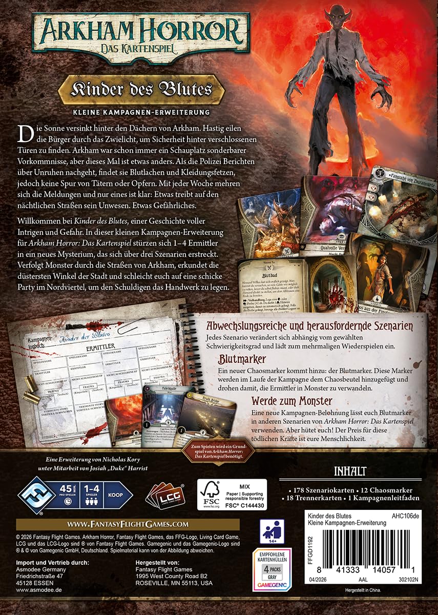 Asmodee, Arkham Horror, il gioco di carte – Bambini del sangue, espansione della campagna, versione tedesca, gioco cooperativo per 1-4 giocatori dai 14 anni in su, gioco di carte con 45-180 minuti di