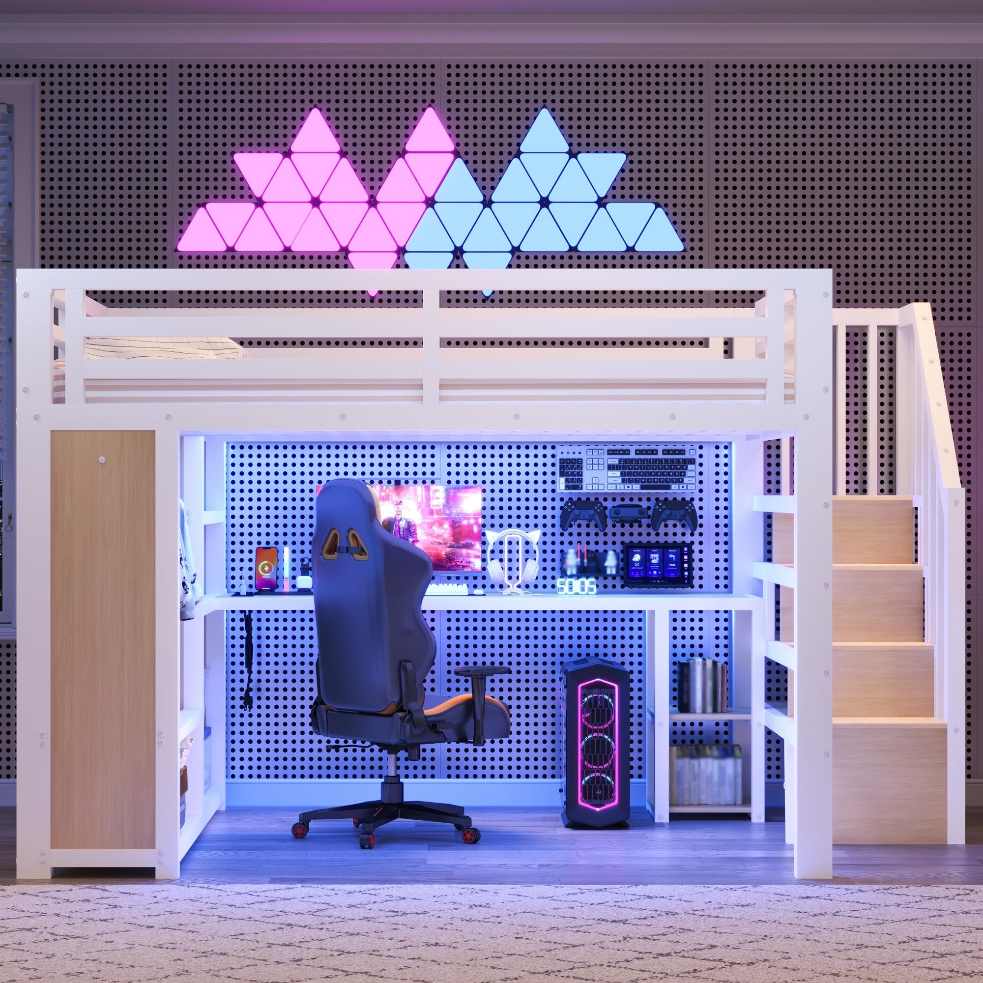 Sapgaks Lit Mezzanine Enfant Gaming 160 x 200 cm avec Bureau,lit superposé Enfant avec Rangement,lit Mezzanine escalier,lit Enfant avec Rangement,éclairage LED,Port USB,Armoire Ouverte,métal,Blanc