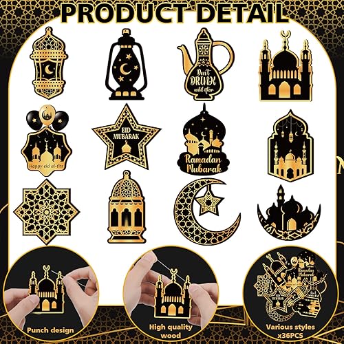 Miniatura 3 de 36 adornos de madera para Ramadán, Eid Mubarak, adornos colgantes para Ramadán, Mubarak Eid, decoración de pared para fiesta, luna estrella, adornos