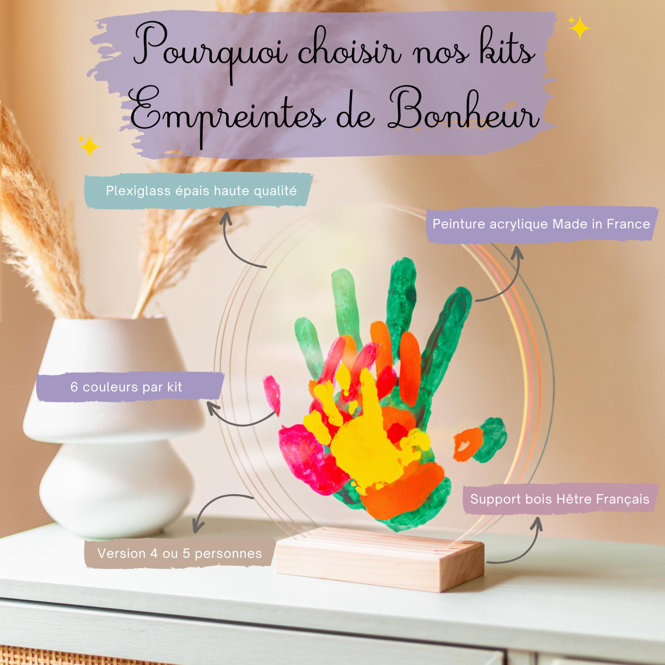 LouYou Empreintes de Bonheur - Kit Empreinte de mains Famille de 4 - Couleurs Peps - Cadeau Naissance Bébé Fille ou Garçon - Fête des Mères ou des Pères - Coffret Souvenir - Made in France