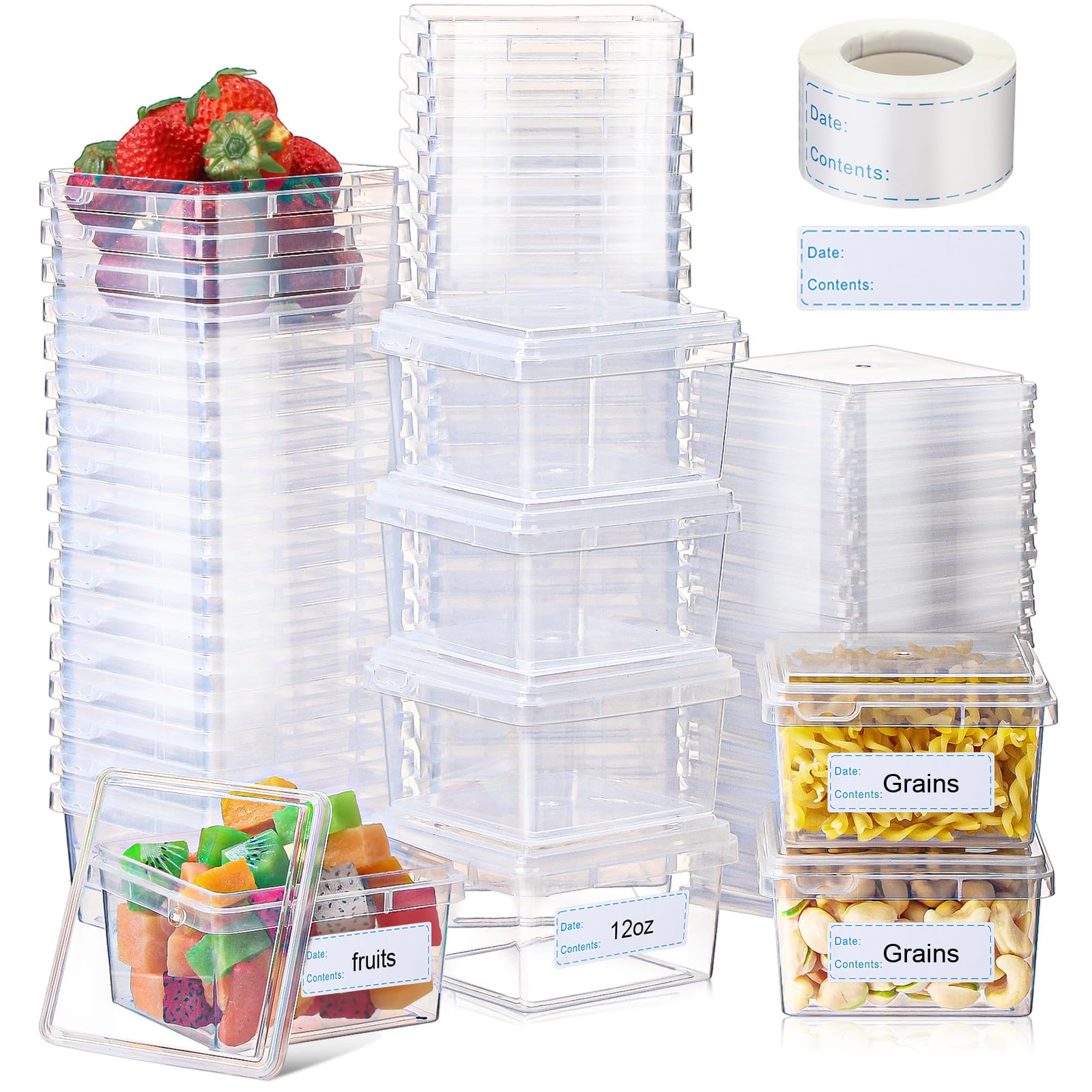 Blushtier 50 juegos de recipientes cuadrados de 16 onzas con tapas y 125 etiquetas de congelador de plástico para almacenamiento de alimentos, recipientes de sopa reutilizables para almacenamiento de