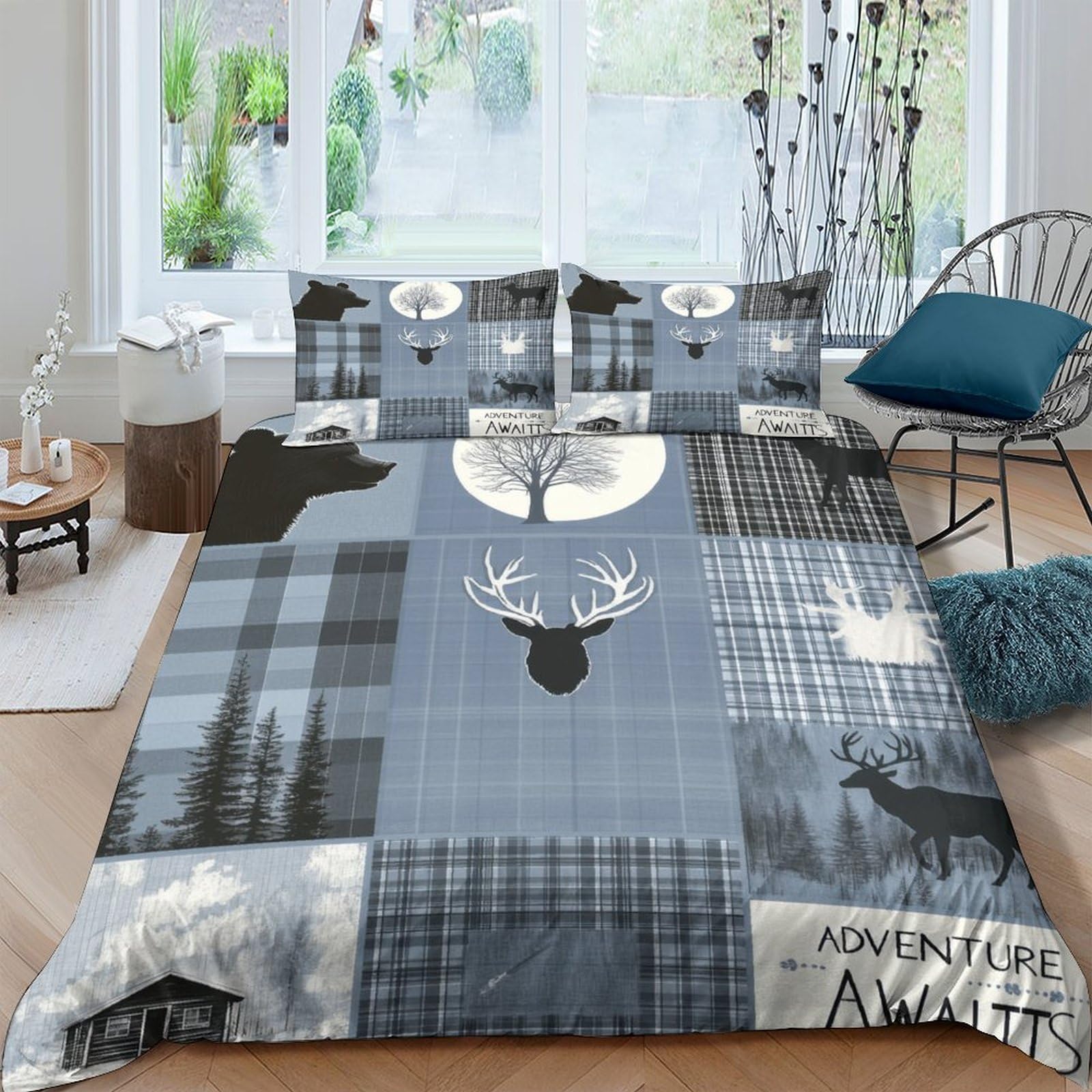 Ctjqhvkz Style-5 3D Printed Forest Deer Fitted Sheet Microfiber Grey Blue Plaid Moon Mattress Cover For Bedroom Guest Room Dorm Decor Single（135X200cm）
