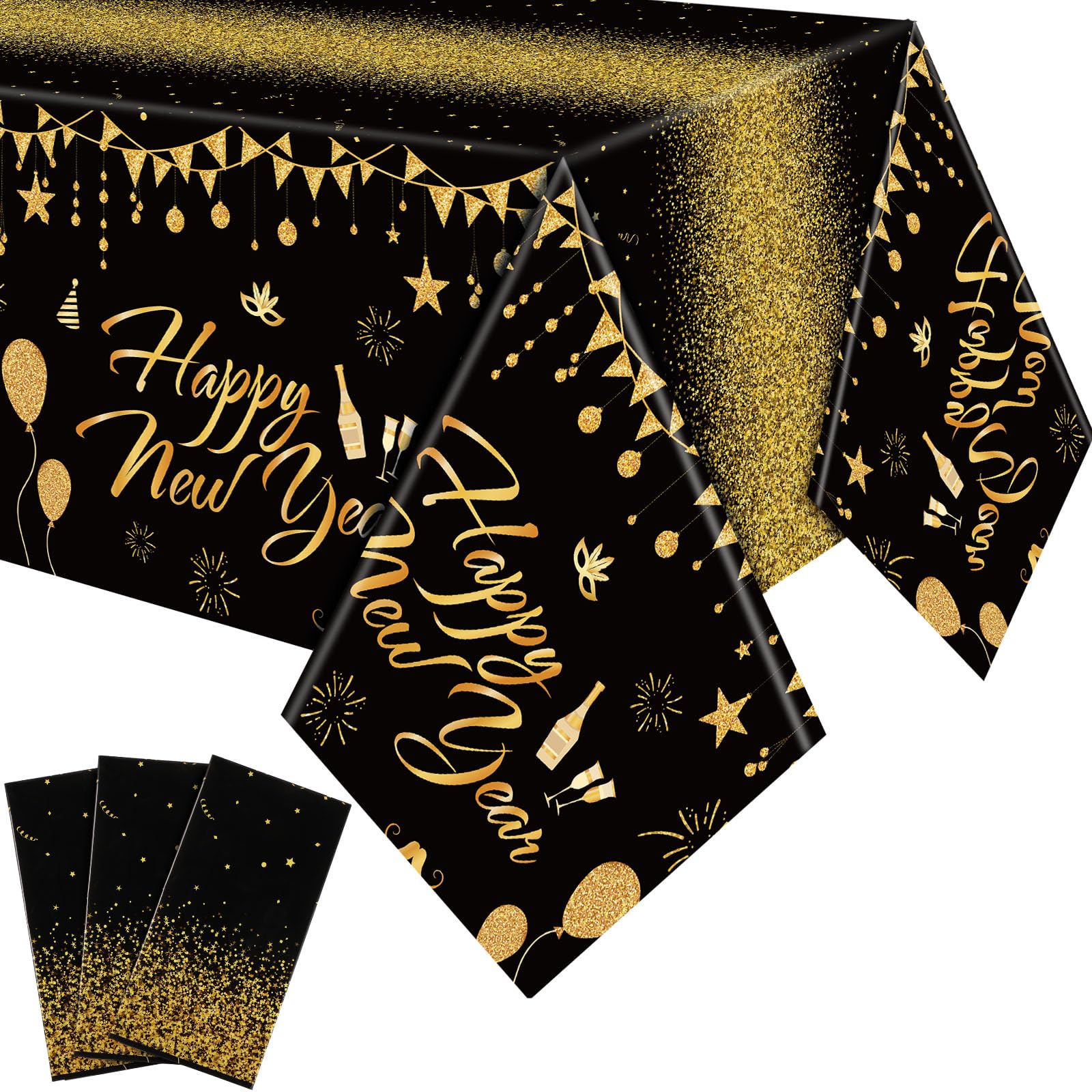 VitalCozy 3-Pack Happy New Year Tablecloths | 54x108 Inch Black & Gold Disposable Plastic Covers | 2025 Party Supplies - View #7