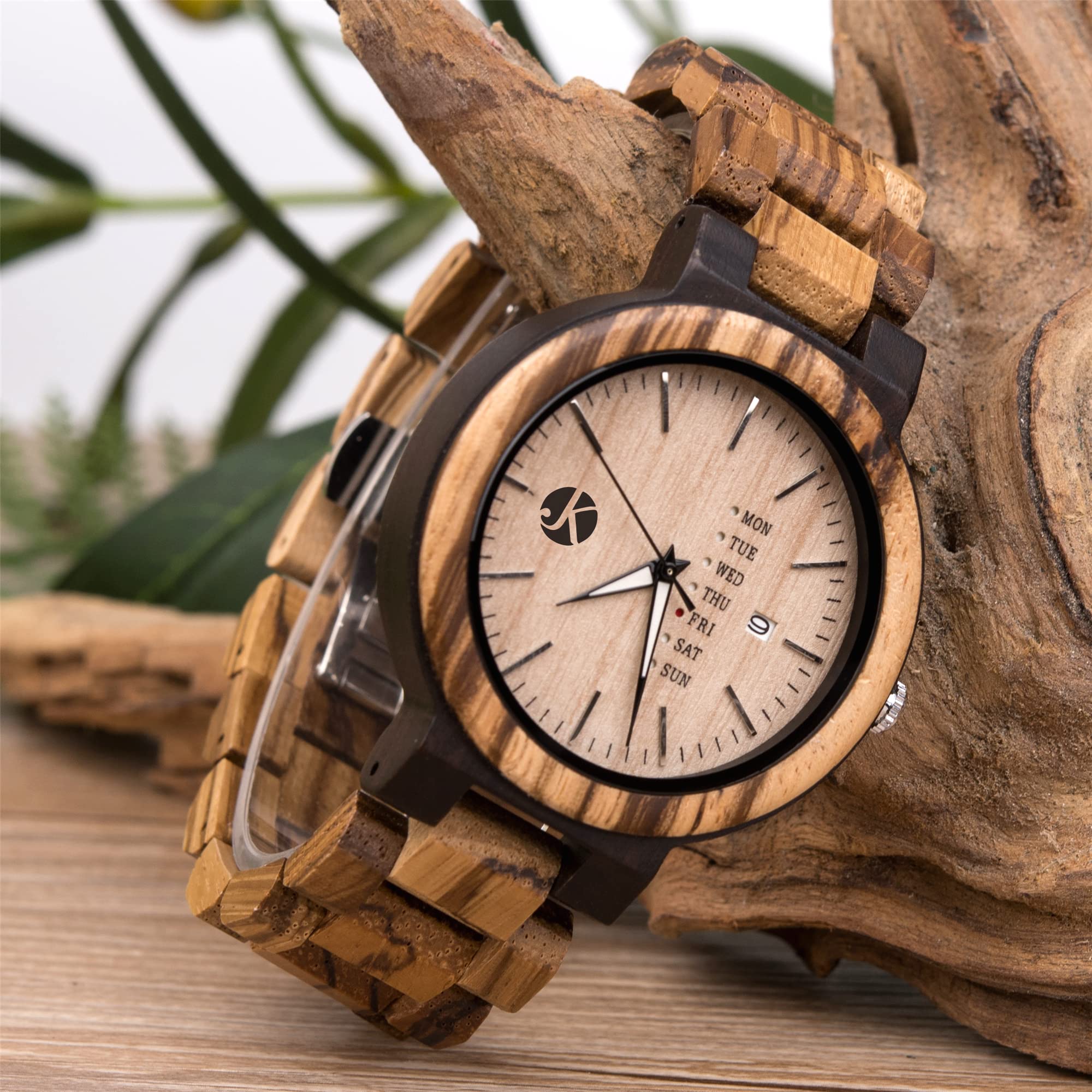 Kim Johanson Herren Holz-Edelstahl Armbanduhr *Light Week* mit Datum- & Tagesanzeige Handgefertigt Quarz Analog Uhr Vegan inkl. Geschenkbox