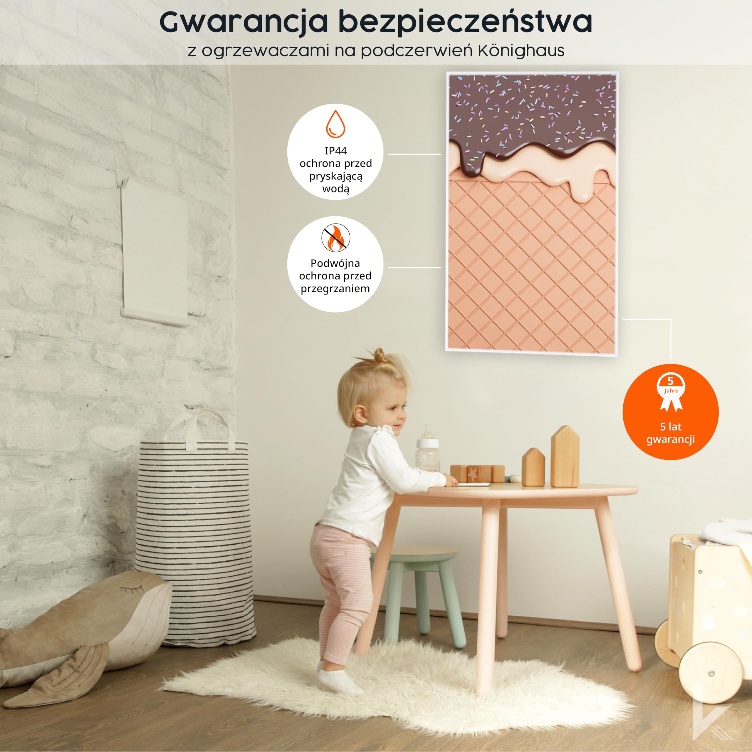 Grzejnik na podczerwień Könighaus w kształcie obrazu – 1000 W – energooszczędny = nagrzewa się w ciągu 2 minut – z nóżkami i termostatem – mobilny grzejnik – przyciąga wzrok motywem: biały