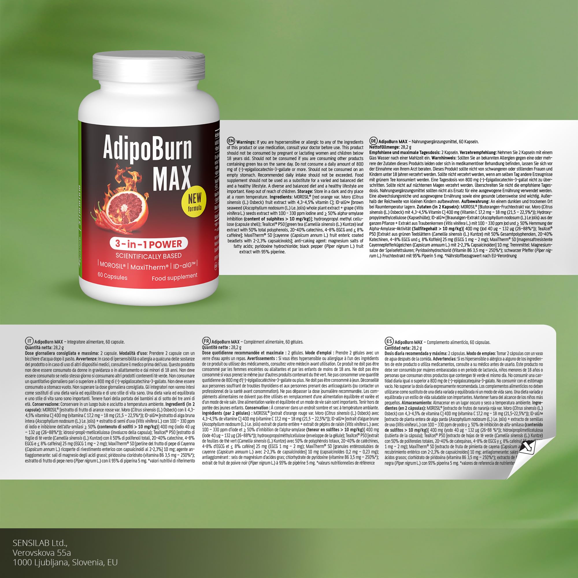 Morosil 400 mg, Alga bruna, Vitamina C, Iodio, Tè verde, Pepe di cayenna, Vitamina B6 - Slimmium AdipoBurn MAX, 60 capsule di Sensilab