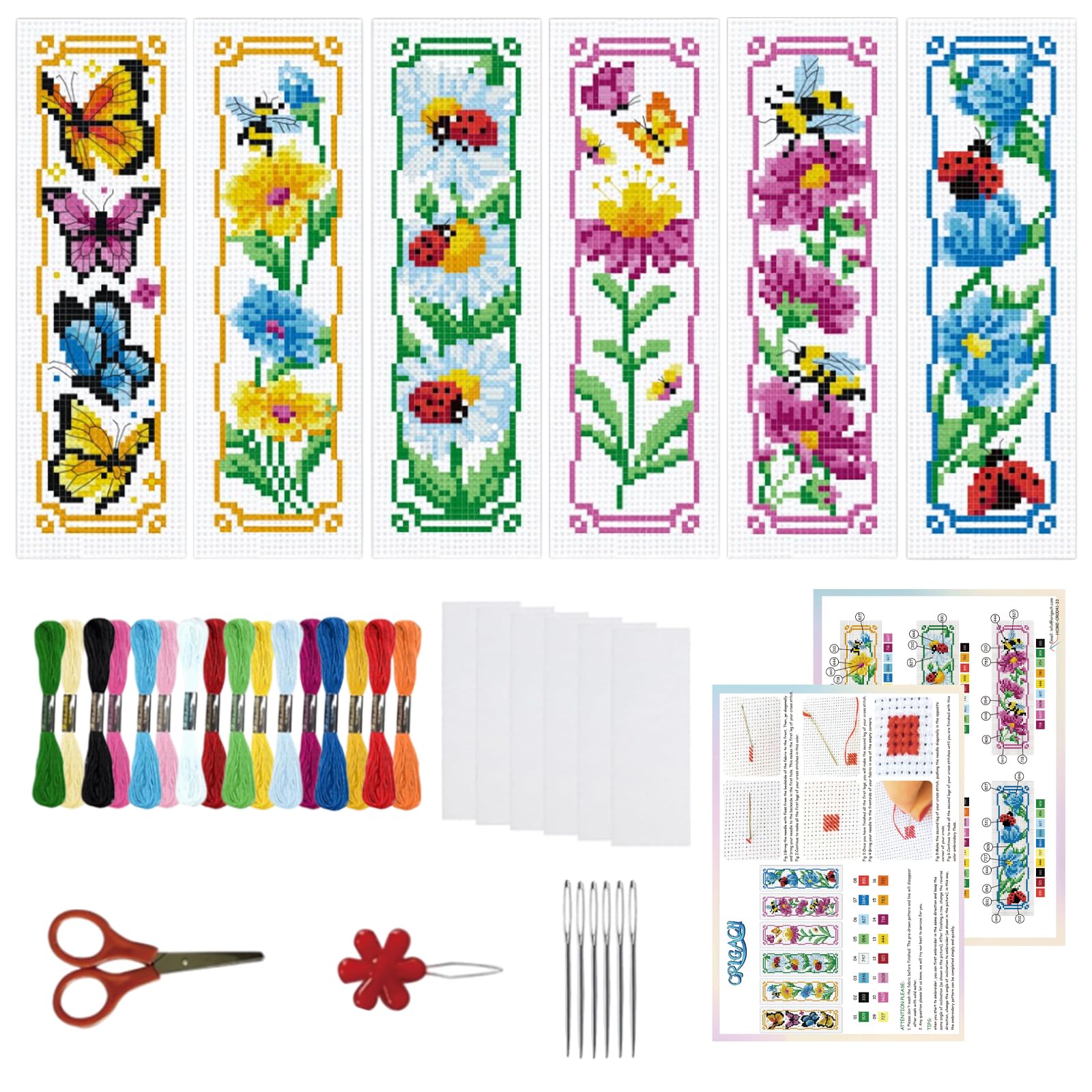 ORIGACH 6 Pcs Cross Stitch Bookmark Kit for Beginner Adults Flowers and Butterflies Stamped Embroidery Bookmark Kit with Instruction for Starters Printed Cross Stitch DIY Kits for Book Lovers