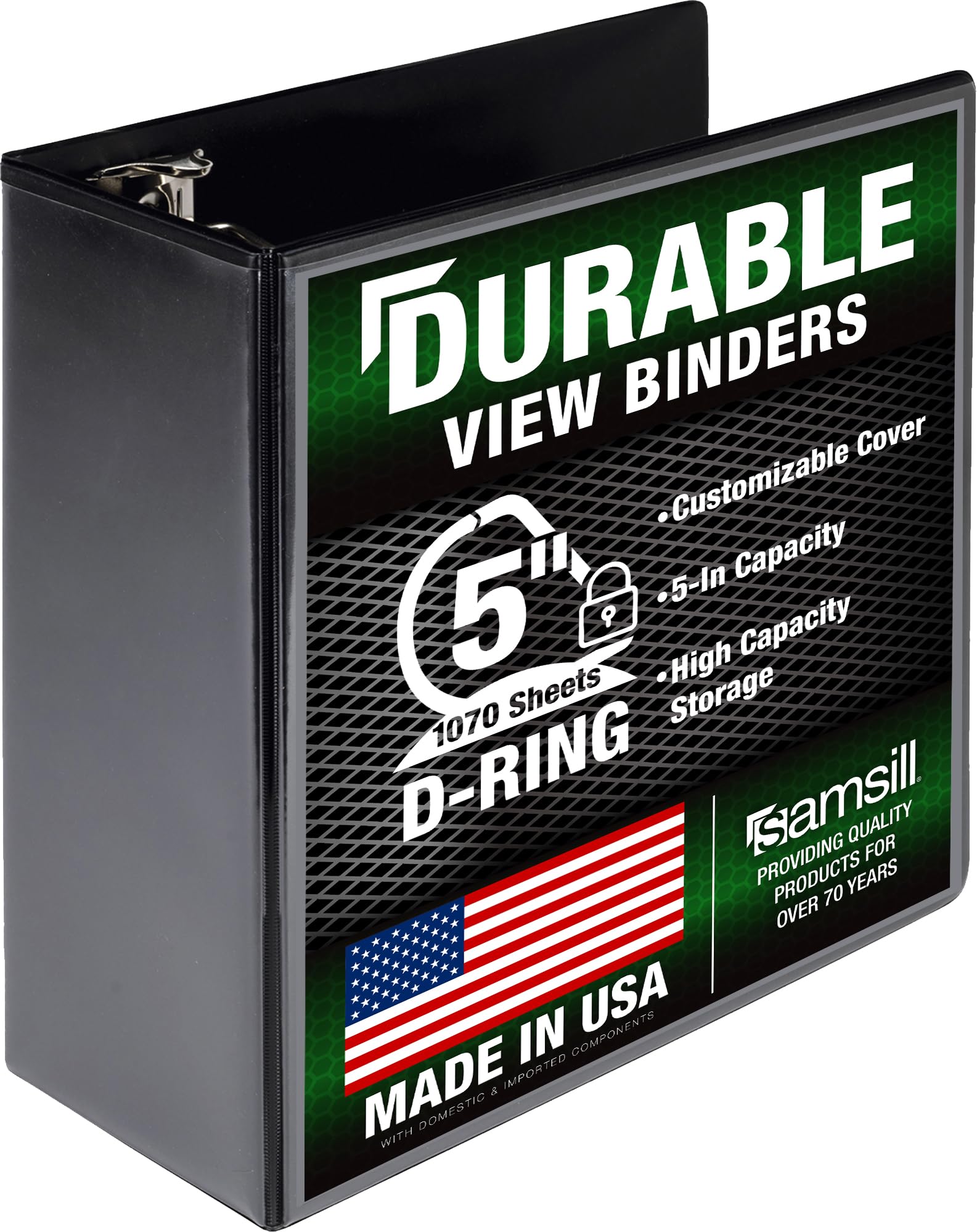 Samsill Durable 5 Inch Binder, Made in The USA, D Ring Binder, Customizable Clear View Binder, Black, Holds 1050 Pages