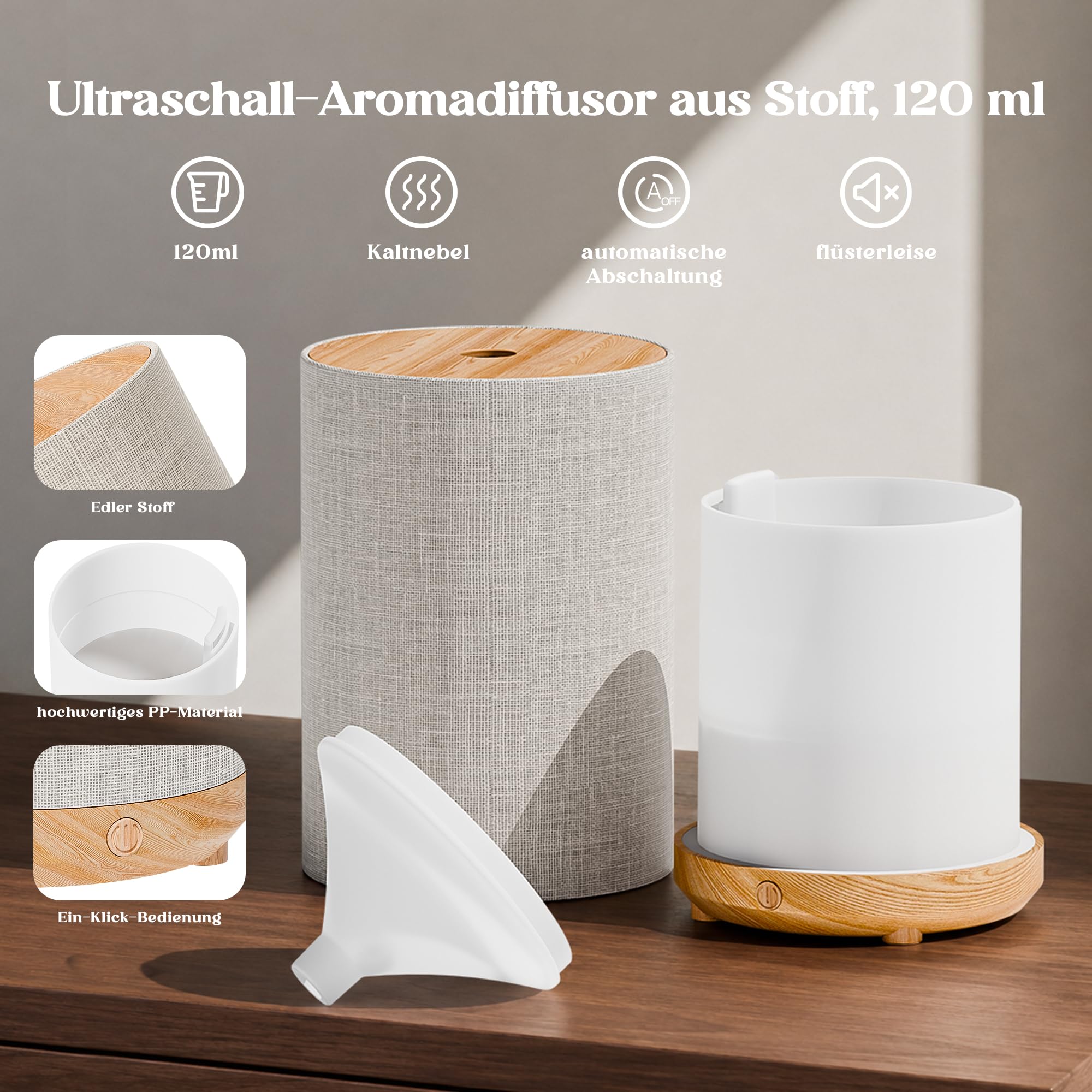 Mini Aroma Diffuser für Atherische Öle, Elektrisch Betrieben Diffusor mit Netzanschluss, Stoffbezug und Nachtlampe, 120ml Ultraschall-Luftbefeuchter mit 7-LED-Licht, für Schlafzimmer Yoga, Geschenk