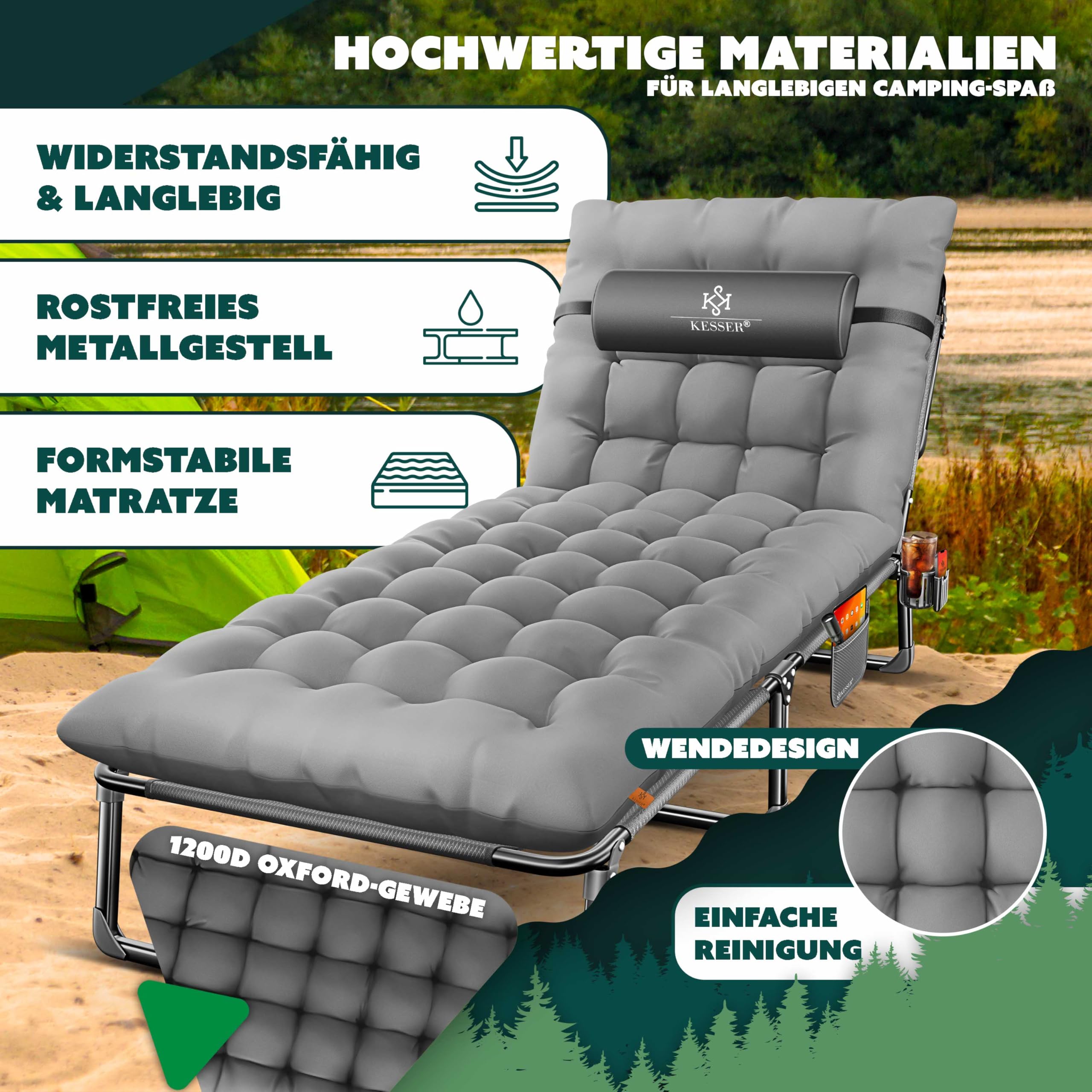 KESSER® Campingbett Feldbett klappbar 190x68x30cm bis 250kg belastbar aus Oxford-Gewebe & stabilem Stahlgerüst, Sonnenliege für Camping inkl. Tragetasche, Nackenkissen, Seitentasche & Getränkehalter
